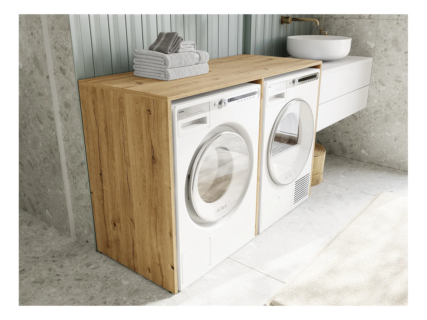 Waschmaschinenschrank 130 cm breit, geeignet für Waschmaschine & Wäschetrockner mit Staufach, Waschmaschinenschrank Überbauschrank