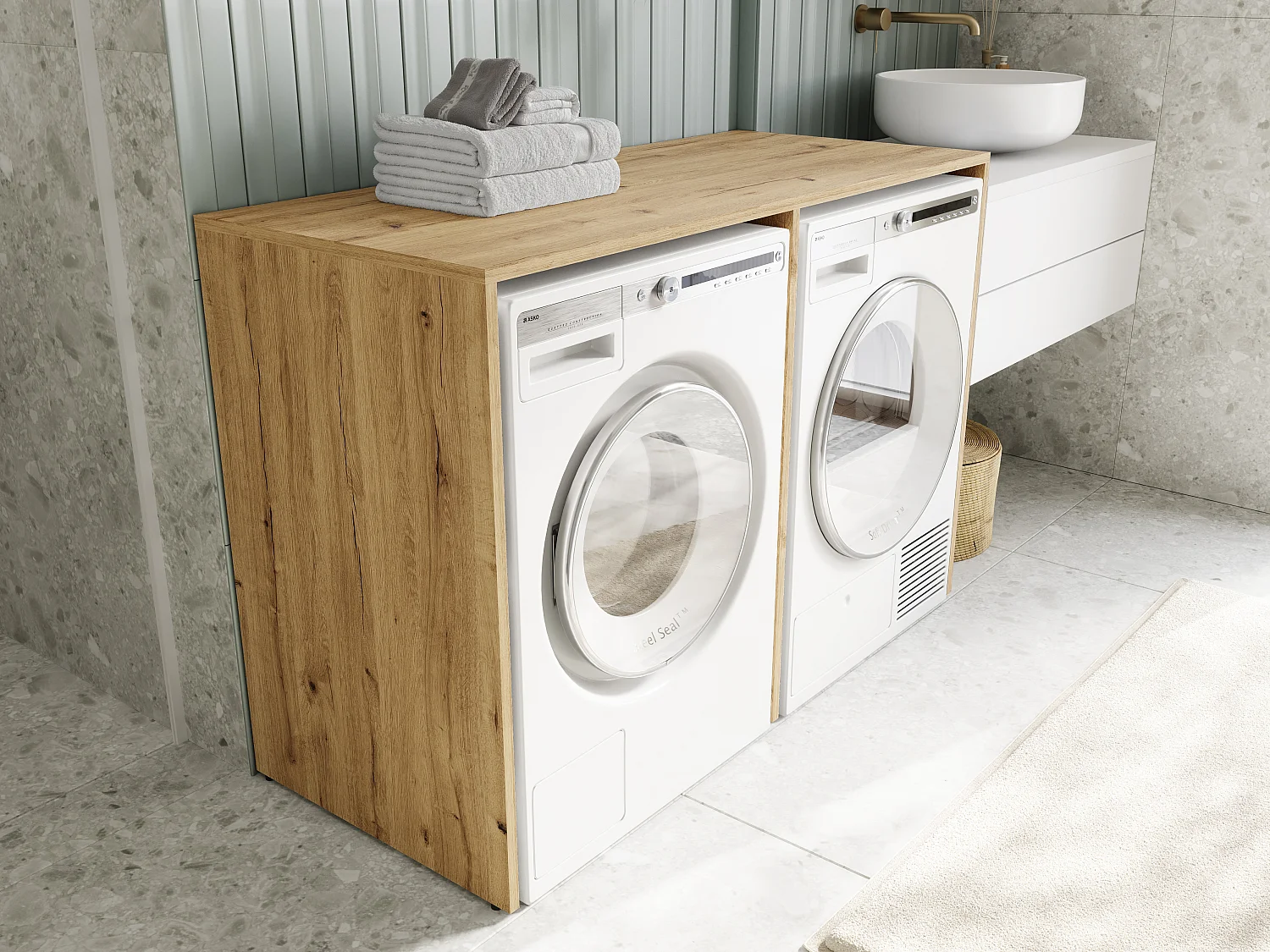 Armário para máquina de lavar de 130 cm, compatível com lavadora e secadora, com espaço de arrumação, armário superior