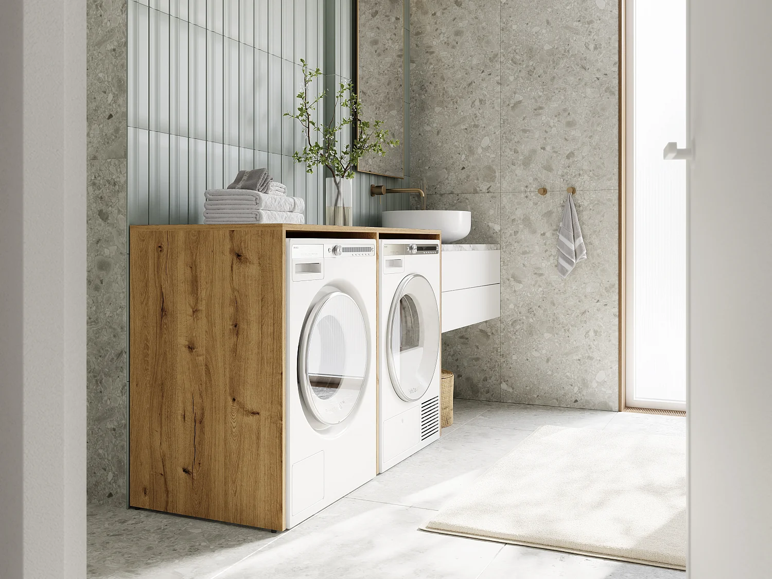 Armário para máquina de lavar de 130 cm, compatível com lavadora e secadora, com espaço de arrumação, armário superior