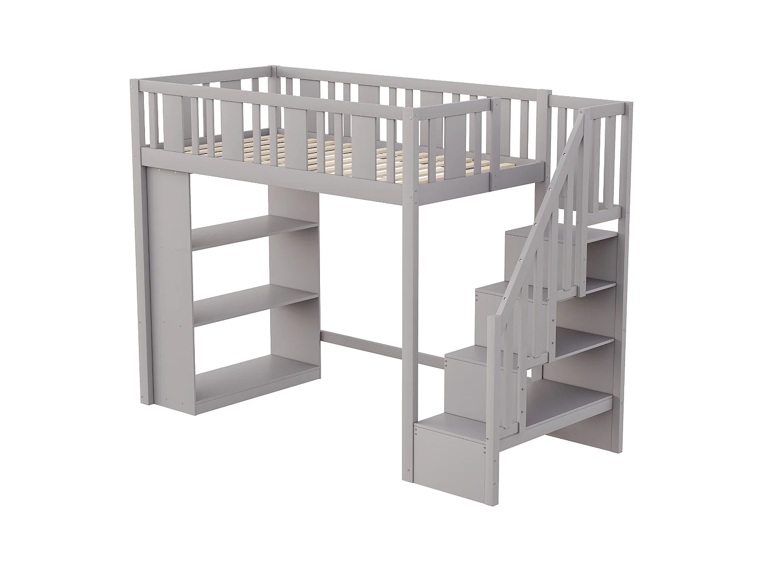 Lit mezzanine 90x200 cm avec échelle de rangement, lit en bois massif avec grands compartiments de stockage, gris (253x95x160.2 cm)