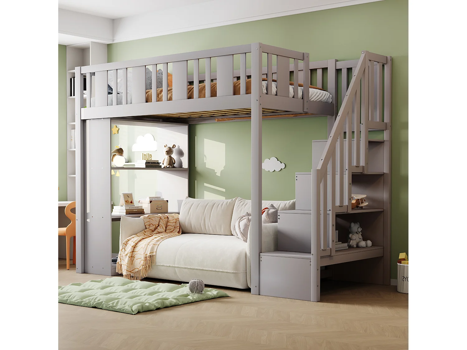 Lit mezzanine 90x200 cm avec échelle de rangement, lit en bois massif avec grands compartiments de stockage, gris (253x95x160.2 cm)