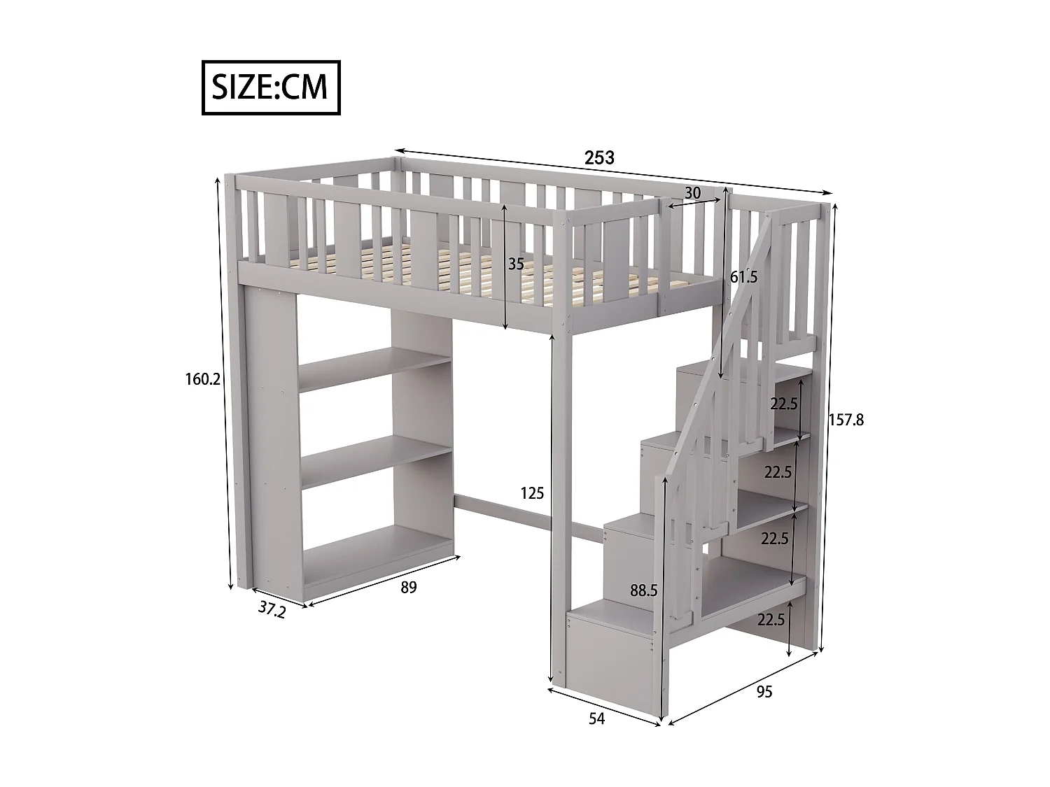 Lit mezzanine 90x200 cm avec échelle de rangement, lit en bois massif avec grands compartiments de stockage, gris (253x95x160.2 cm)