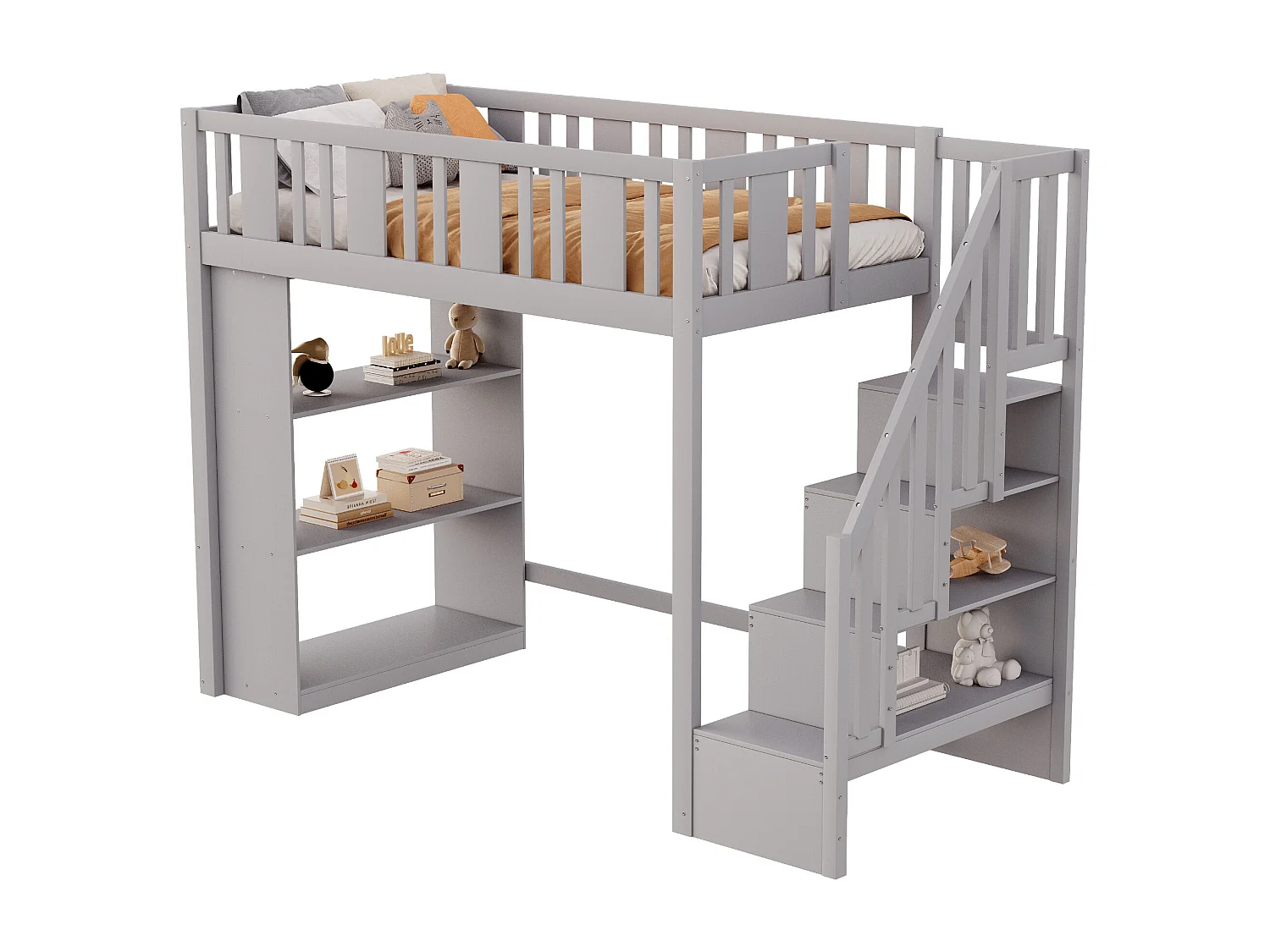 Lit mezzanine 90x200 cm avec échelle de rangement, lit en bois massif avec grands compartiments de stockage, gris (253x95x160.2 cm)