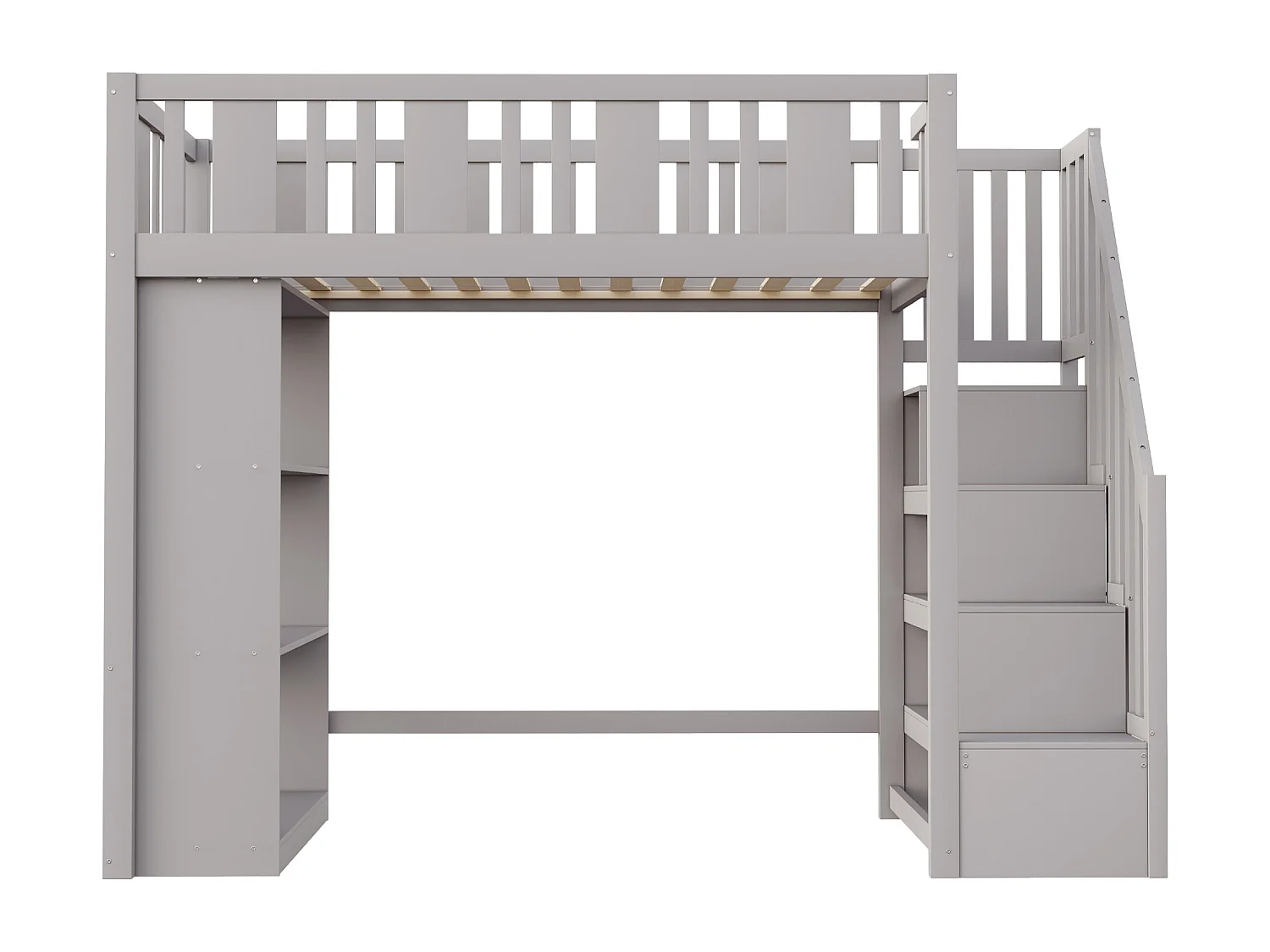 Lit mezzanine 90x200 cm avec échelle de rangement, lit en bois massif avec grands compartiments de stockage, gris (253x95x160.2 cm)