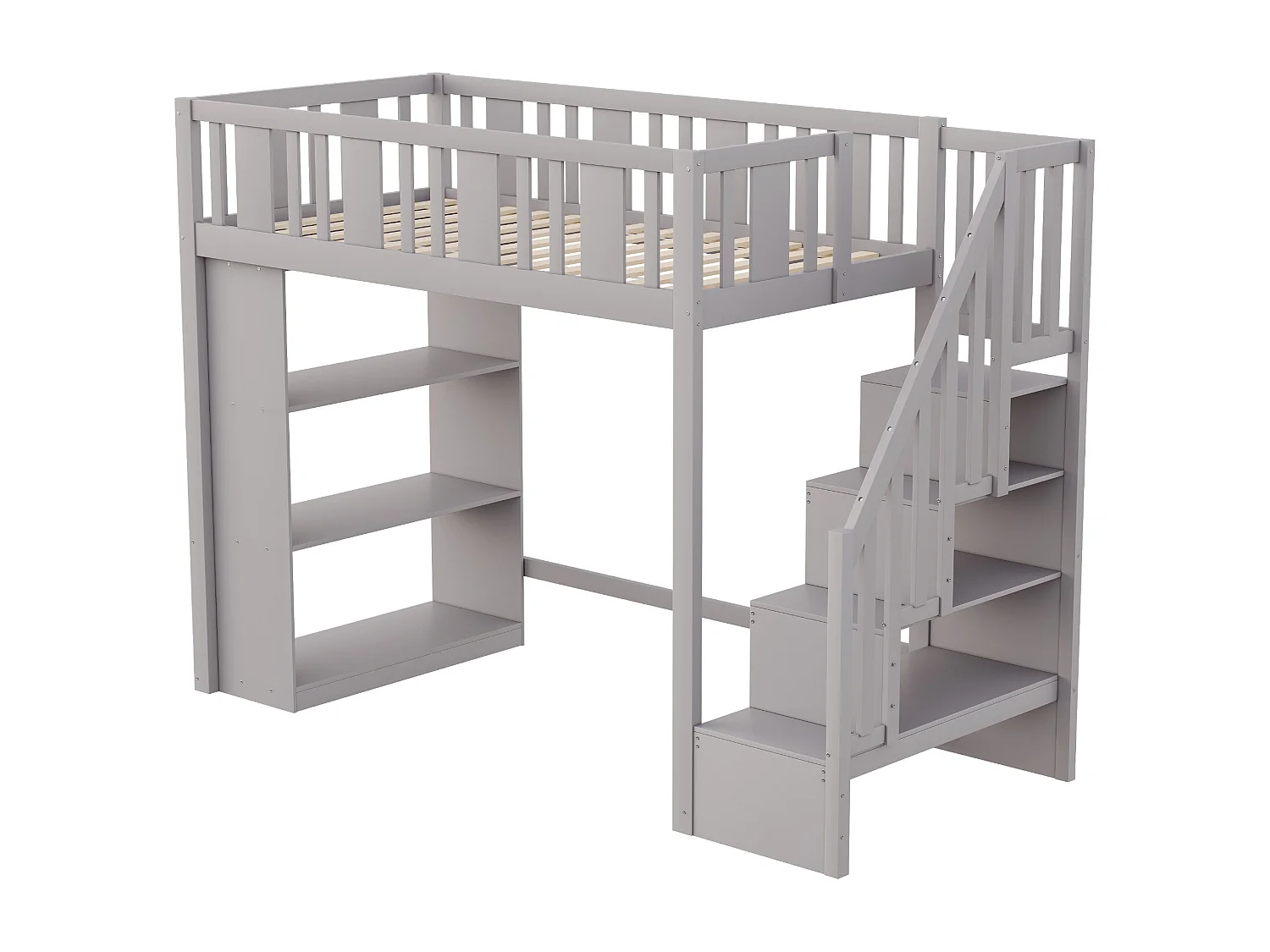 Lit mezzanine 90x200 cm avec échelle de rangement, lit en bois massif avec grands compartiments de stockage, gris (253x95x160.2 cm)