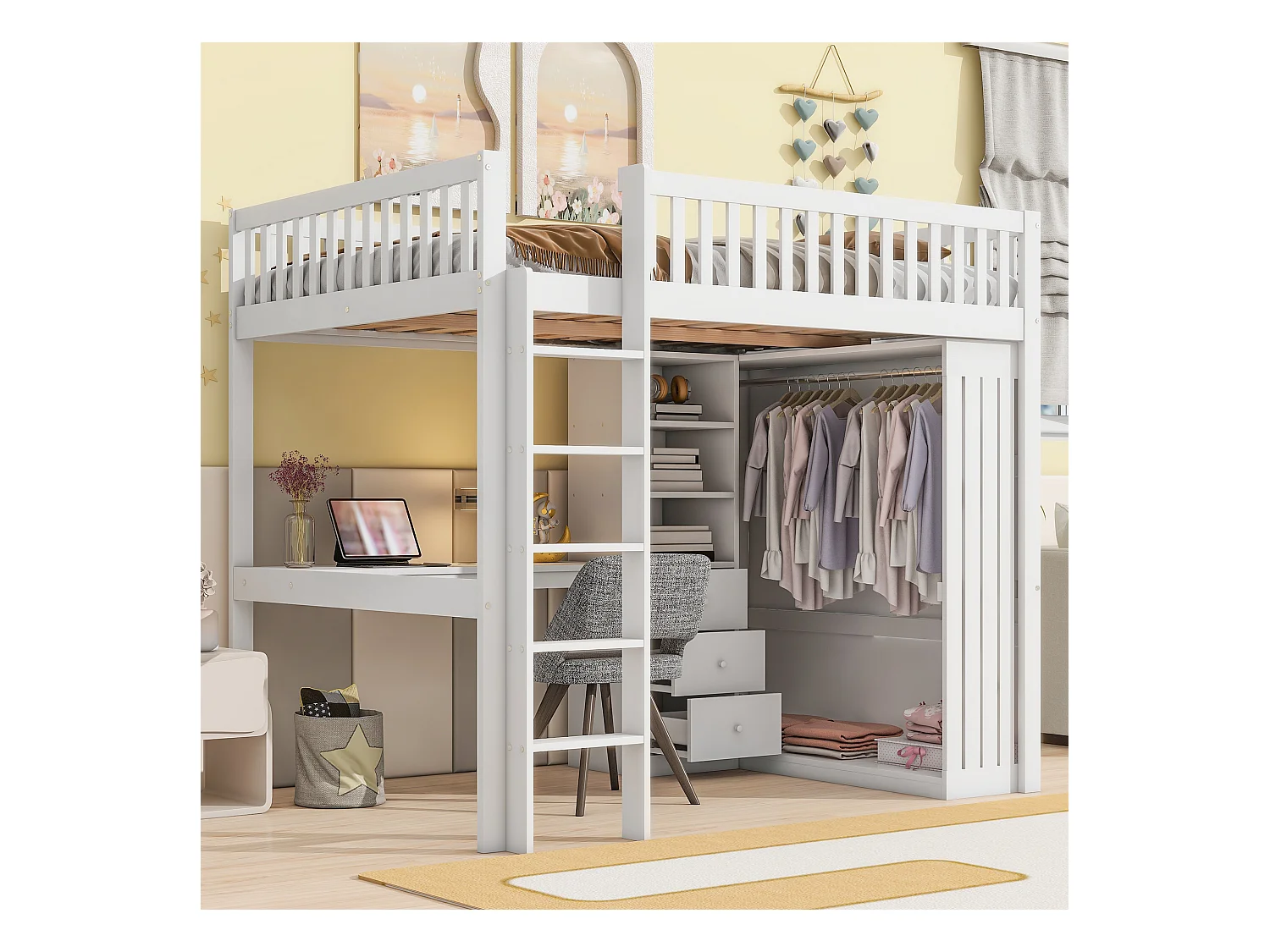 Lit mezzanine, 140x200cm, bureau, armoire, 3 tiroirs, rangement ouvert, garde-corps, échelle, sans matelas, Blanc (205x145x180 cm)