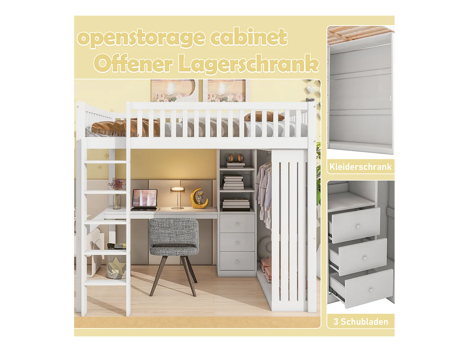 Lit mezzanine, 140x200cm, bureau, armoire, 3 tiroirs, rangement ouvert, garde-corps, échelle, sans matelas, Blanc (205x145x180 cm)