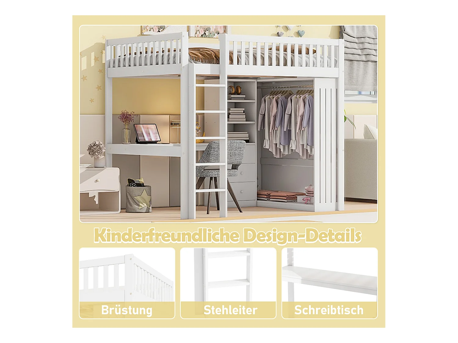 Lit mezzanine, 140x200cm, bureau, armoire, 3 tiroirs, rangement ouvert, garde-corps, échelle, sans matelas, Blanc (205x145x180 cm)