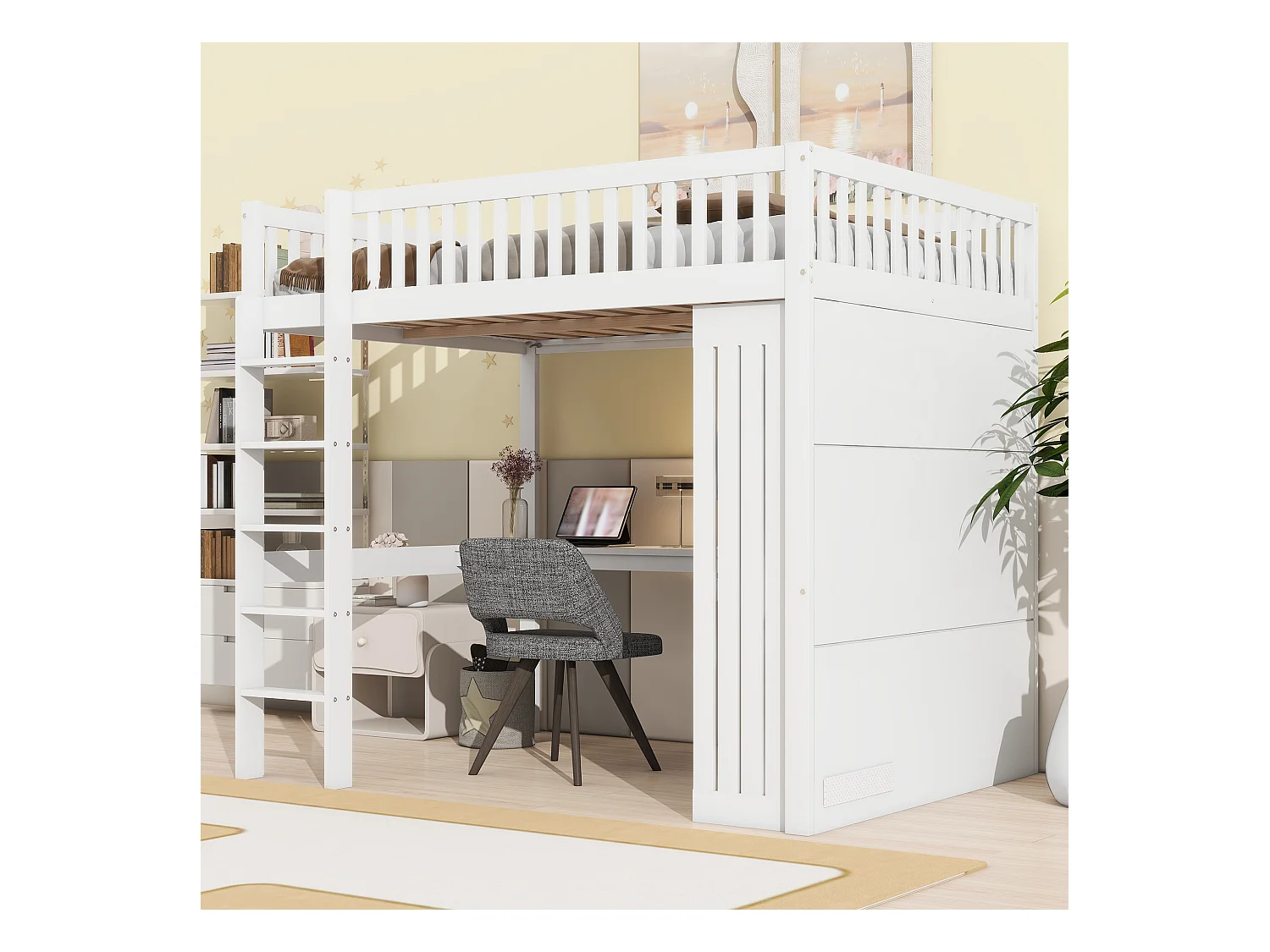 Lit mezzanine, 140x200cm, bureau, armoire, 3 tiroirs, rangement ouvert, garde-corps, échelle, sans matelas, Blanc (205x145x180 cm)