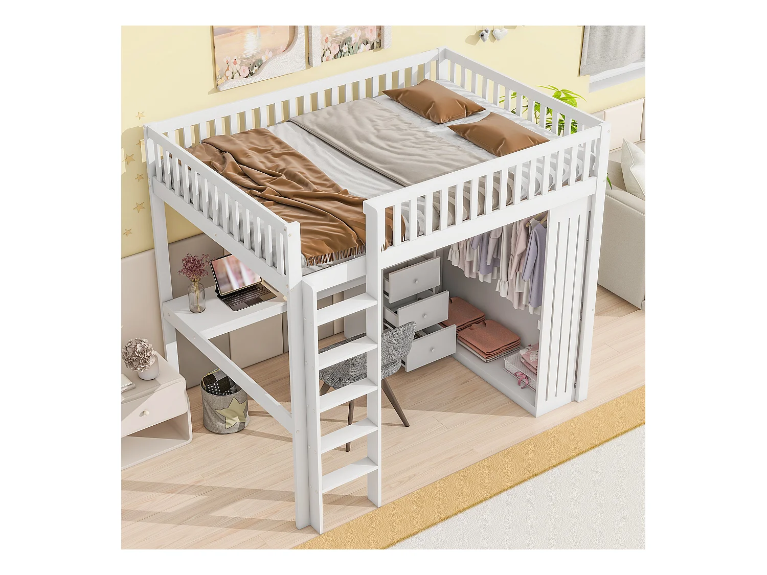 Lit mezzanine, 140x200cm, bureau, armoire, 3 tiroirs, rangement ouvert, garde-corps, échelle, sans matelas, Blanc (205x145x180 cm)