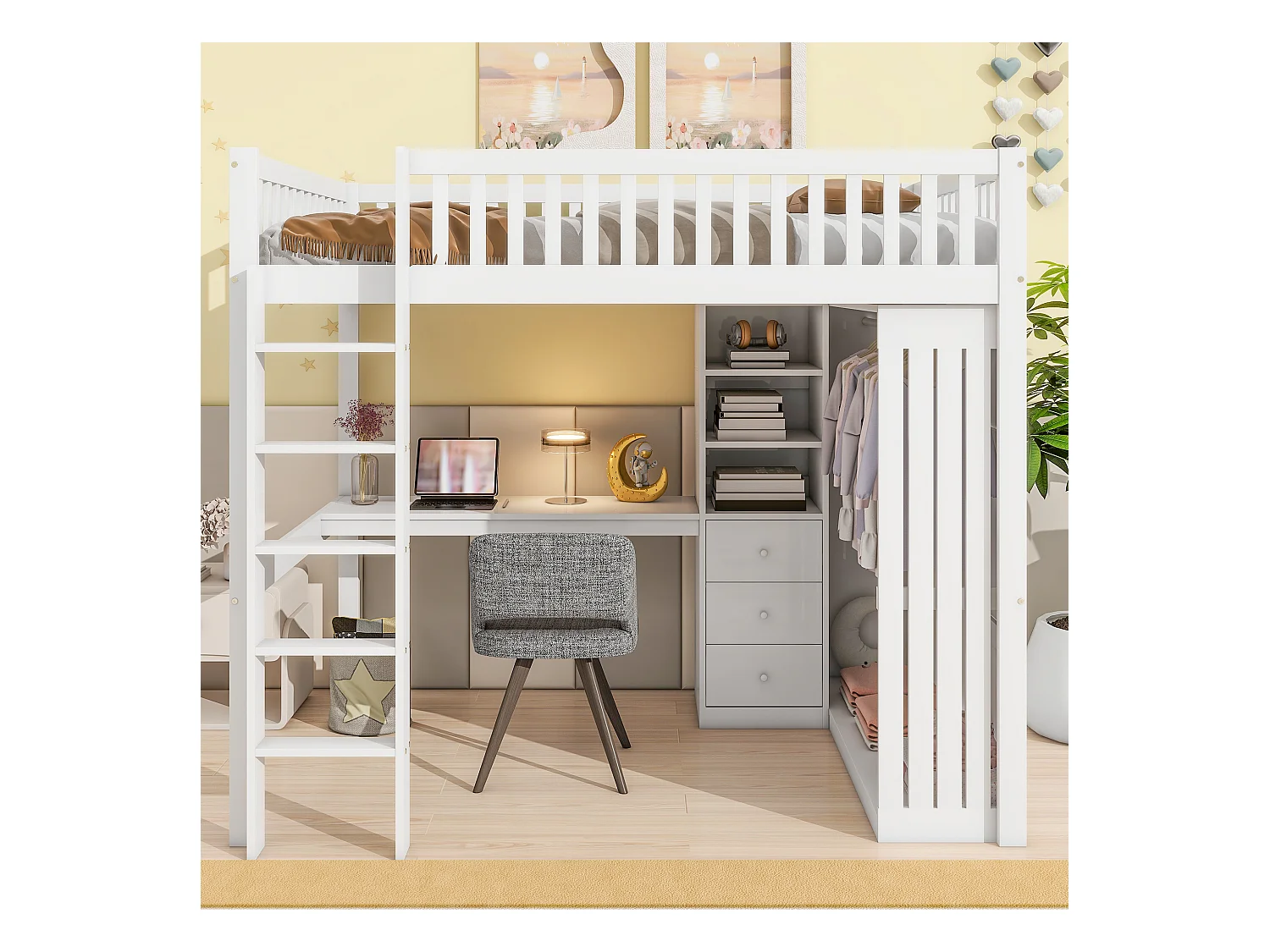 Lit mezzanine, 140x200cm, bureau, armoire, 3 tiroirs, rangement ouvert, garde-corps, échelle, sans matelas, Blanc (205x145x180 cm)