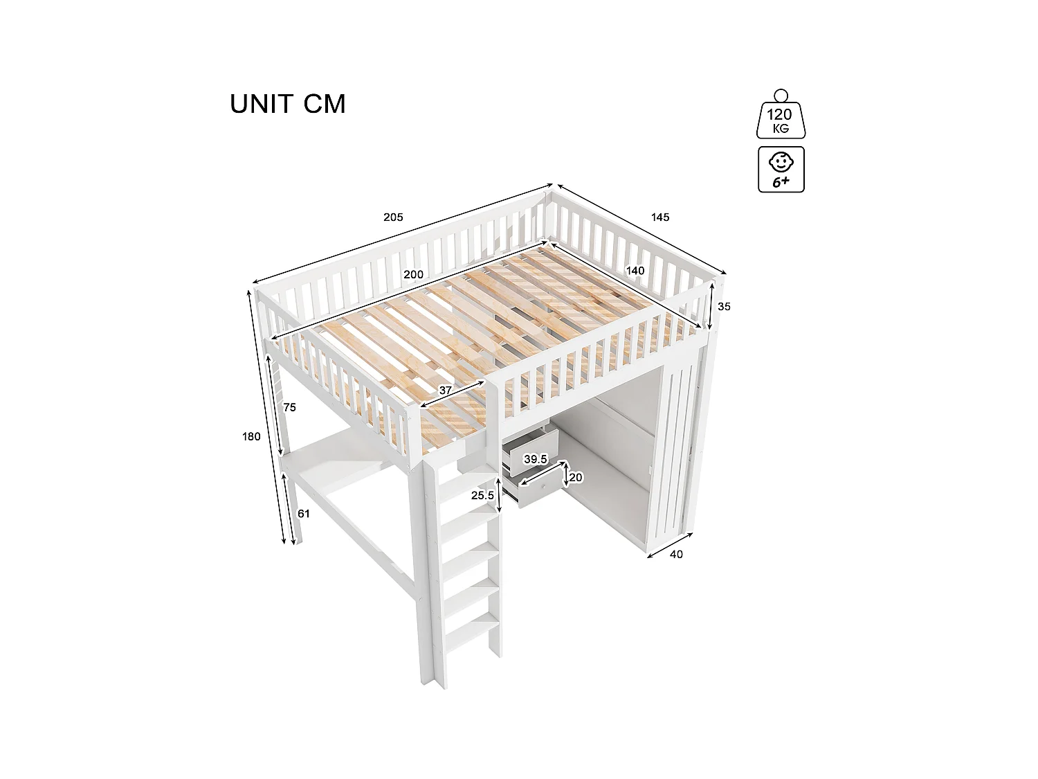 Lit mezzanine, 140x200cm, bureau, armoire, 3 tiroirs, rangement ouvert, garde-corps, échelle, sans matelas, Blanc (205x145x180 cm)