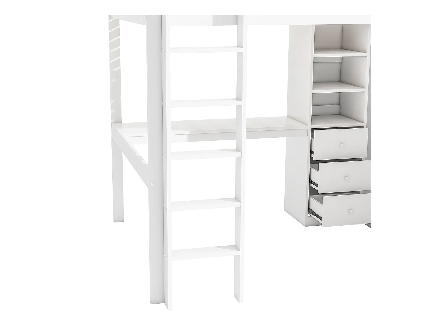 Lit mezzanine, 140x200cm, bureau, armoire, 3 tiroirs, rangement ouvert, garde-corps, échelle, sans matelas, Blanc (205x145x180 cm)