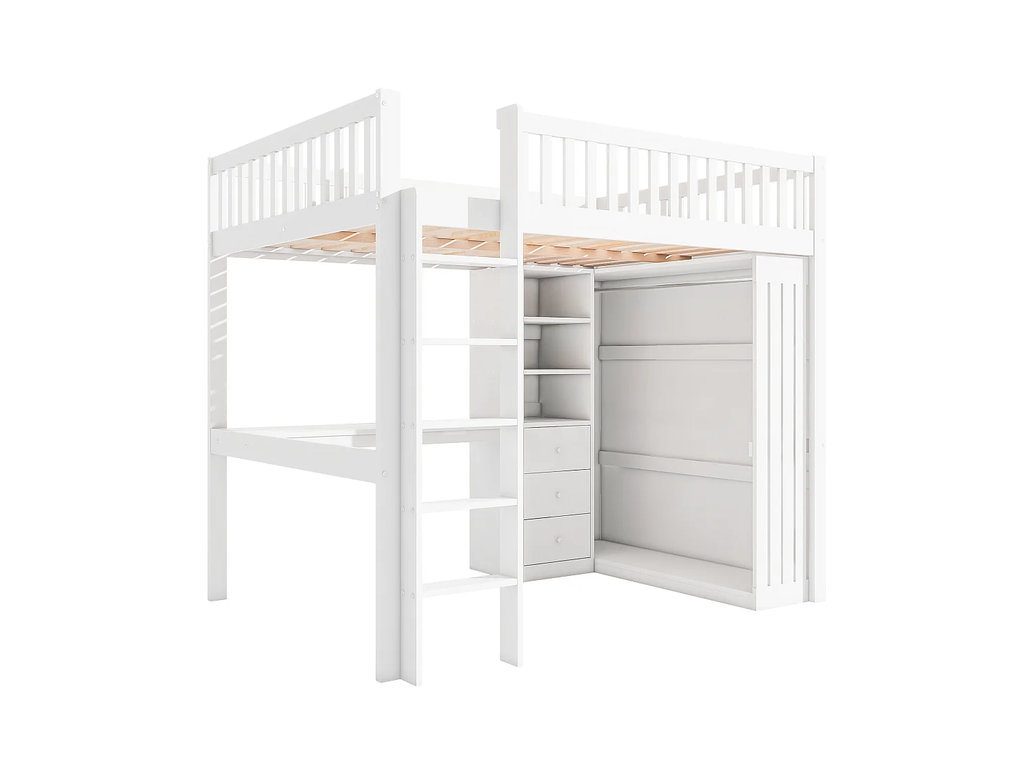 Lit mezzanine, 140x200cm, bureau, armoire, 3 tiroirs, rangement ouvert, garde-corps, échelle, sans matelas, Blanc (205x145x180 cm)