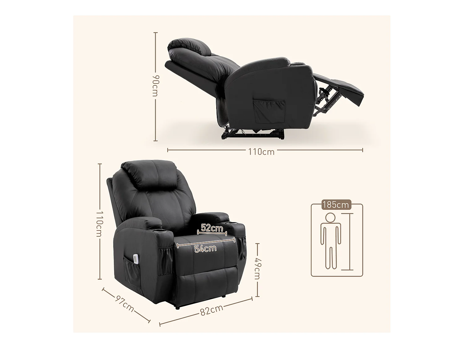 Fauteuil relax avec fonction de massage, inclinaison réglable, simili cuir noir (82x97x110 cm)