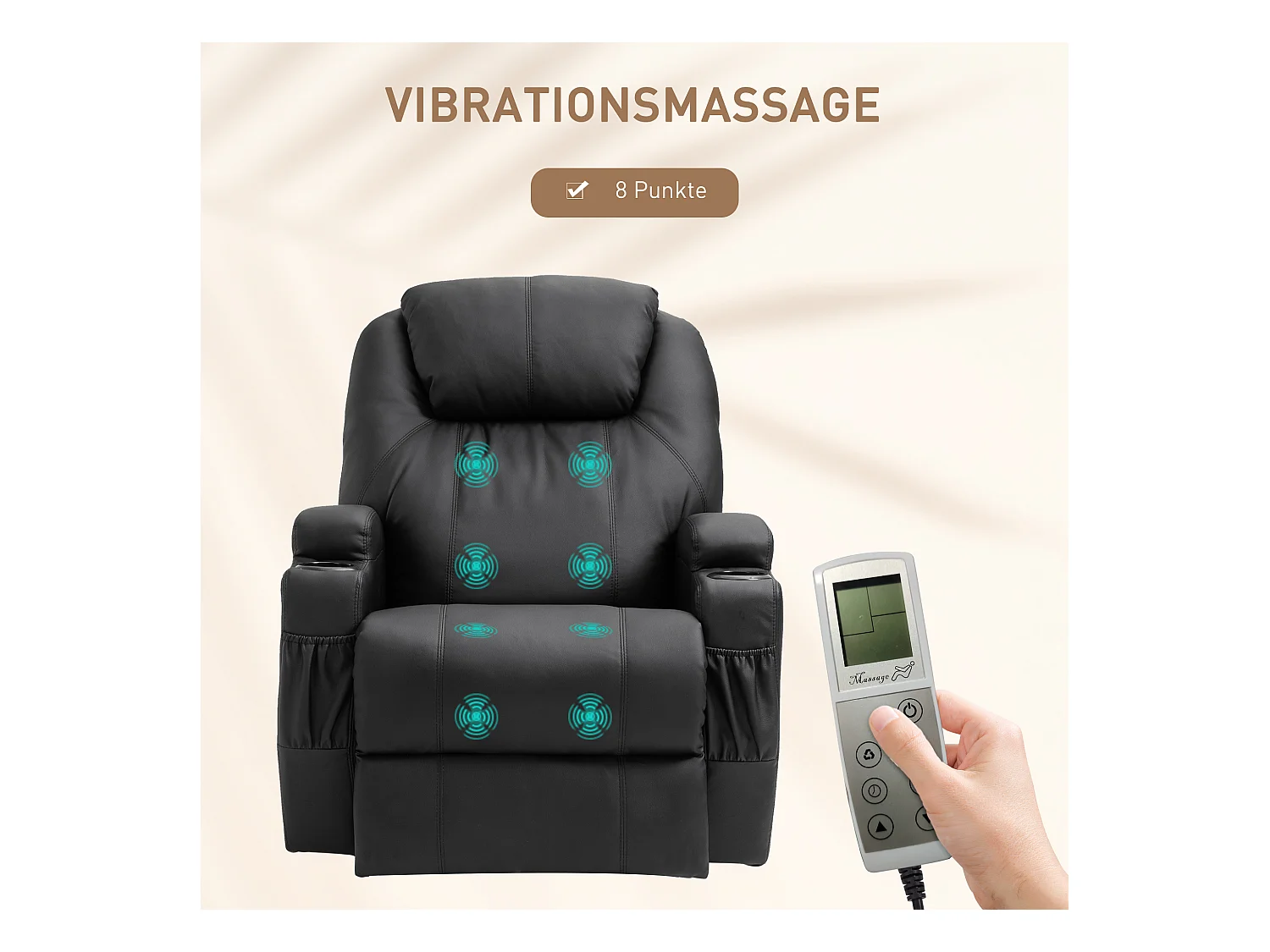 Fauteuil relax avec fonction de massage, inclinaison réglable, simili cuir noir (82x97x110 cm)