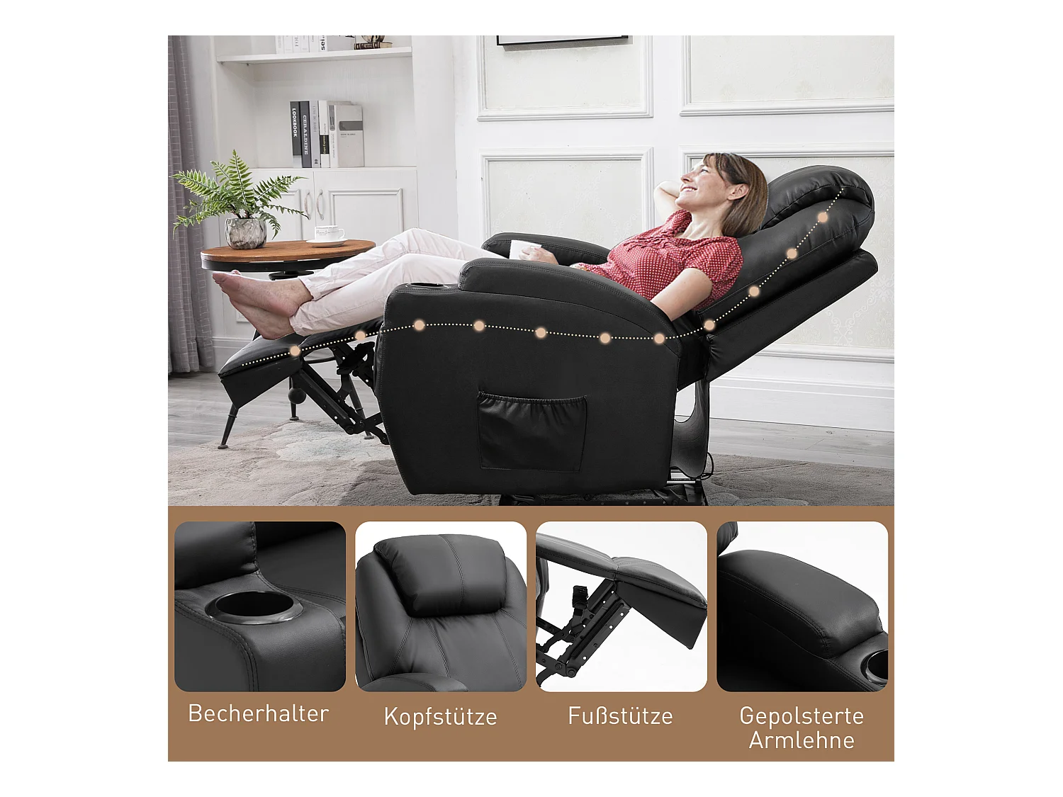 Fauteuil relax avec fonction de massage, inclinaison réglable, simili cuir noir (82x97x110 cm)