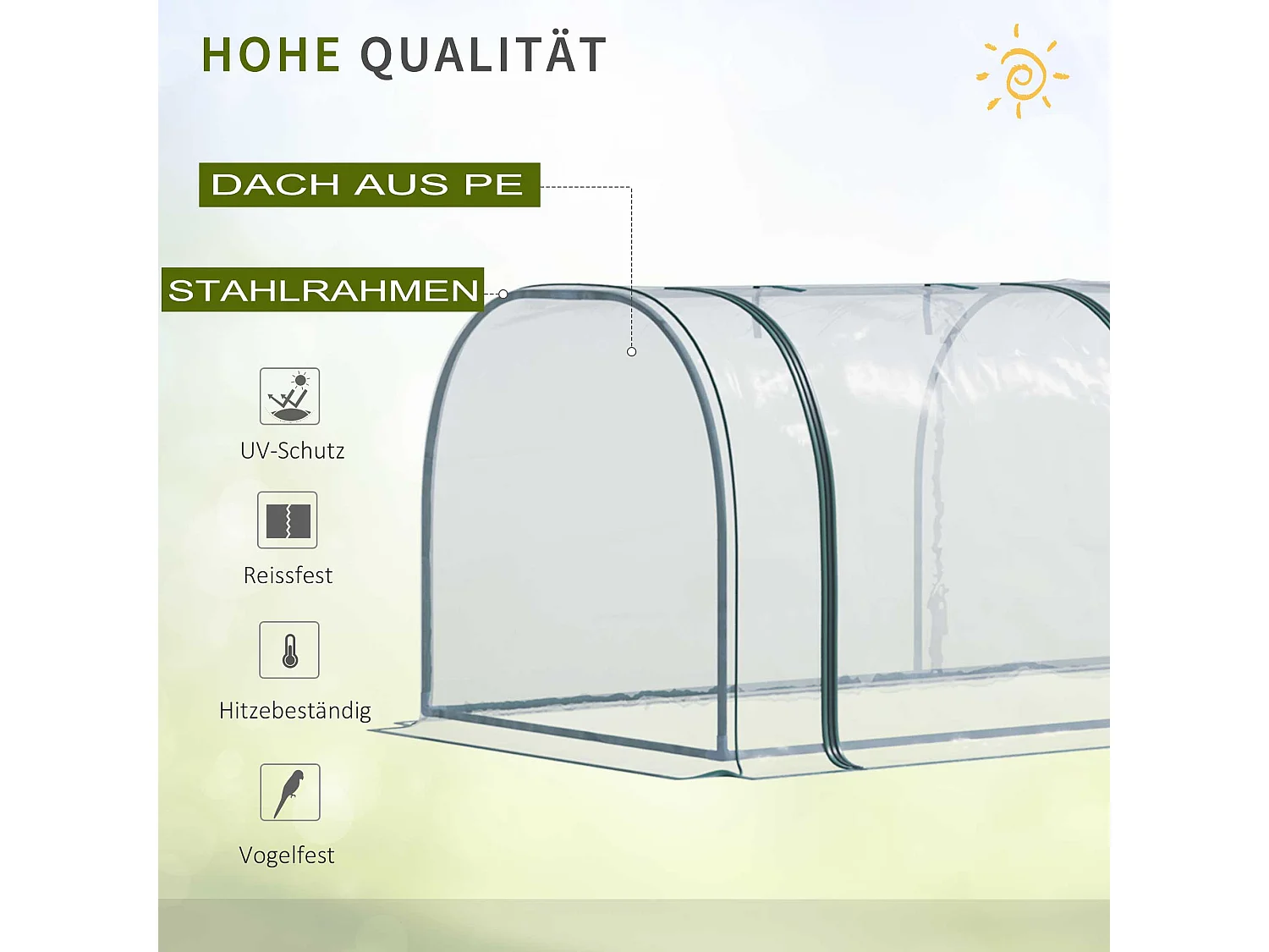 Invernadero de túnel con puerta, lámina de PVC transparente, estructura de acero, color verde (350x100x80cm)