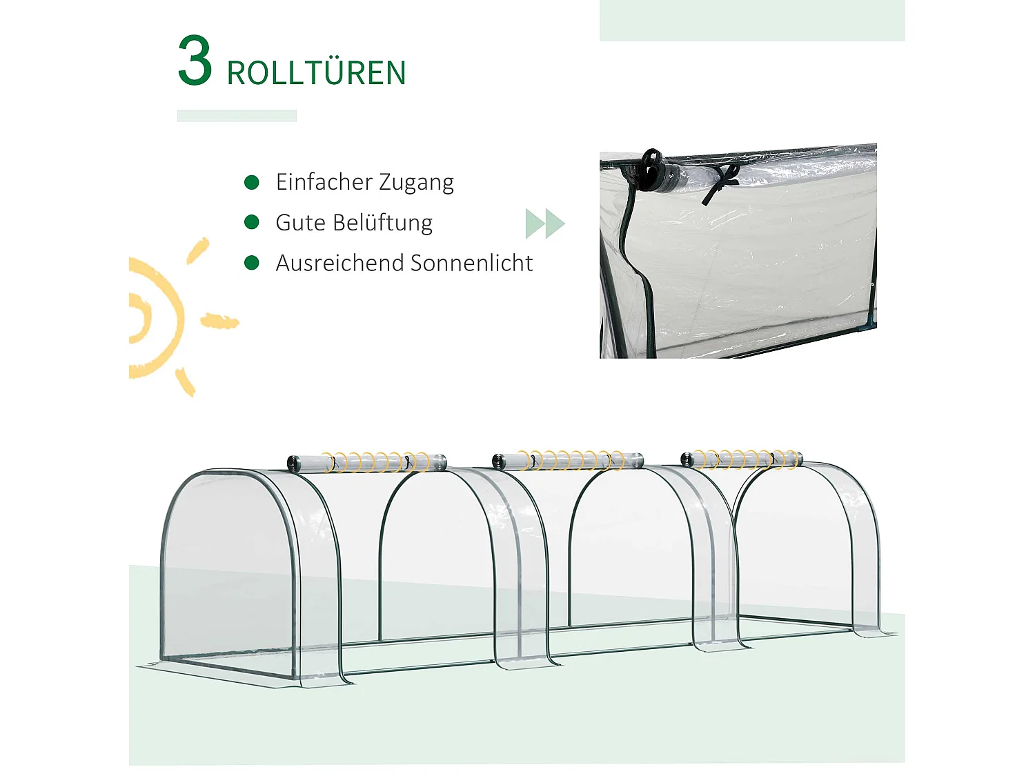 Invernadero de túnel con puerta, lámina de PVC transparente, estructura de acero, color verde (350x100x80cm)