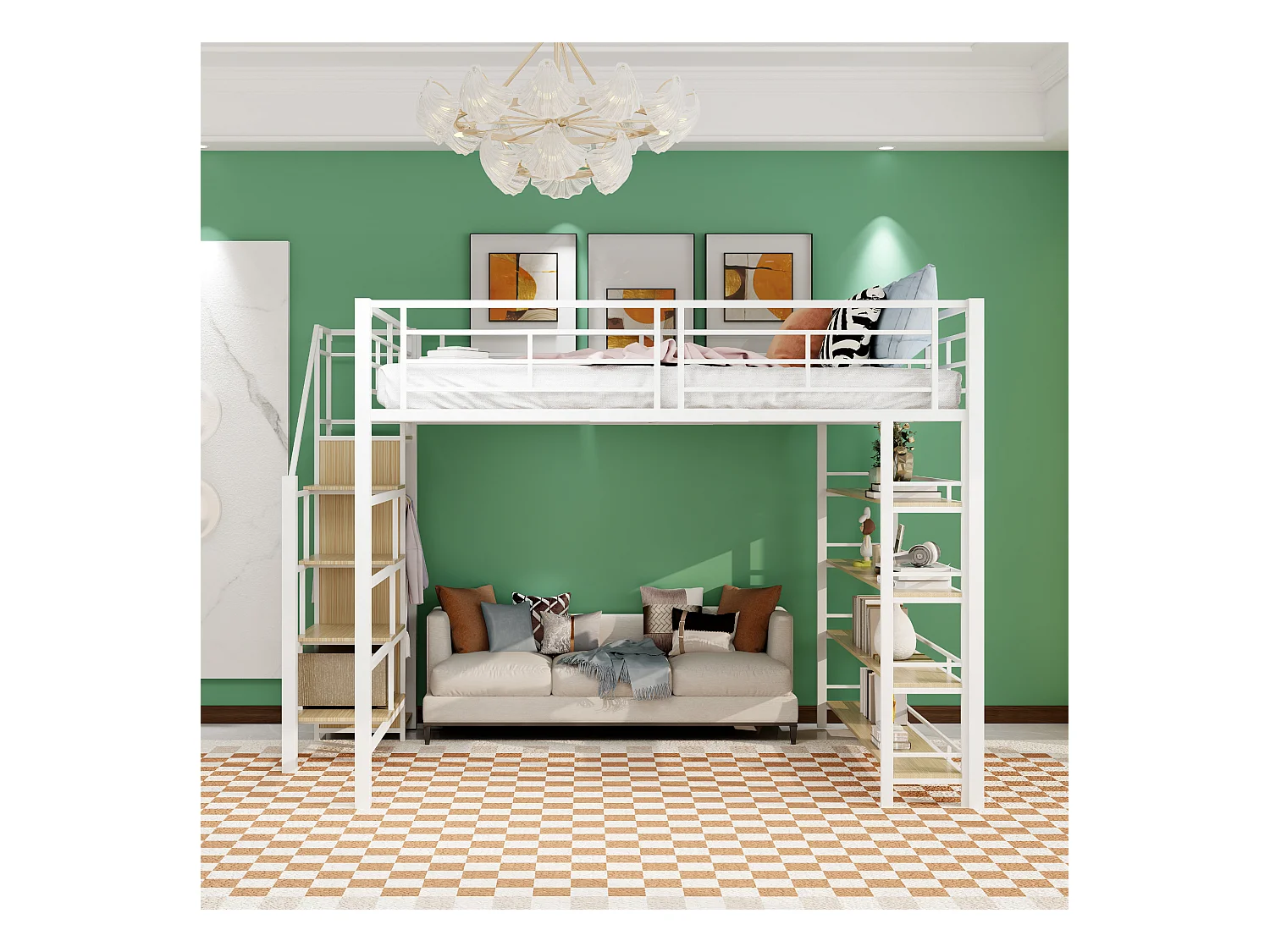 Letto a soppalco 90 x 200 cm, con scaletta di sicurezza, contenitore e piccolo armadietto, design in legno massello, bianco (245,5 x 101 x 159,5 cm)