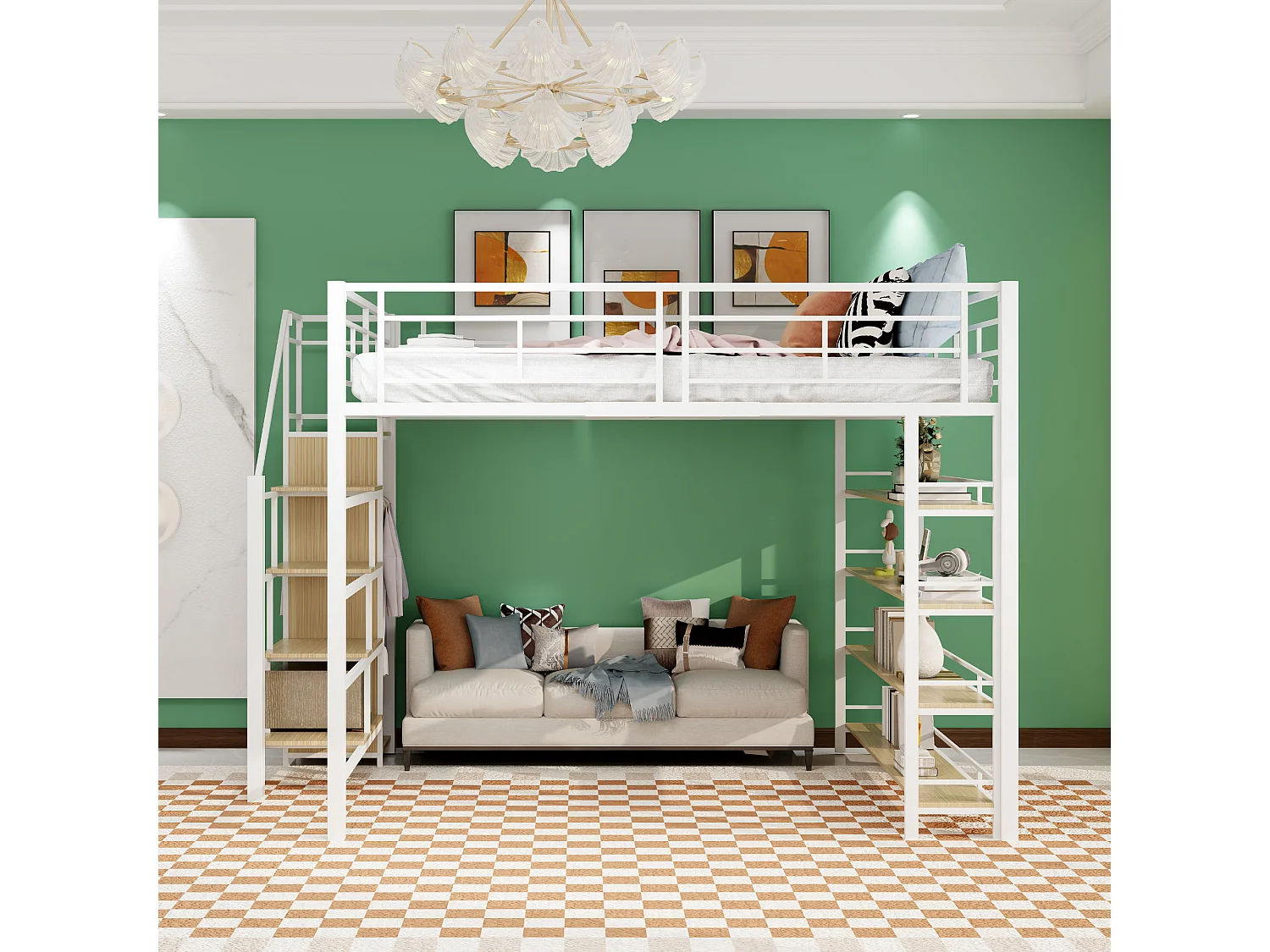 Lit mezzanine 90 x 200 cm, avec échelle de sécurité, rangement, et petit placard, design en bois massif, blanc (245.5 x 101 x 159.5 cm)