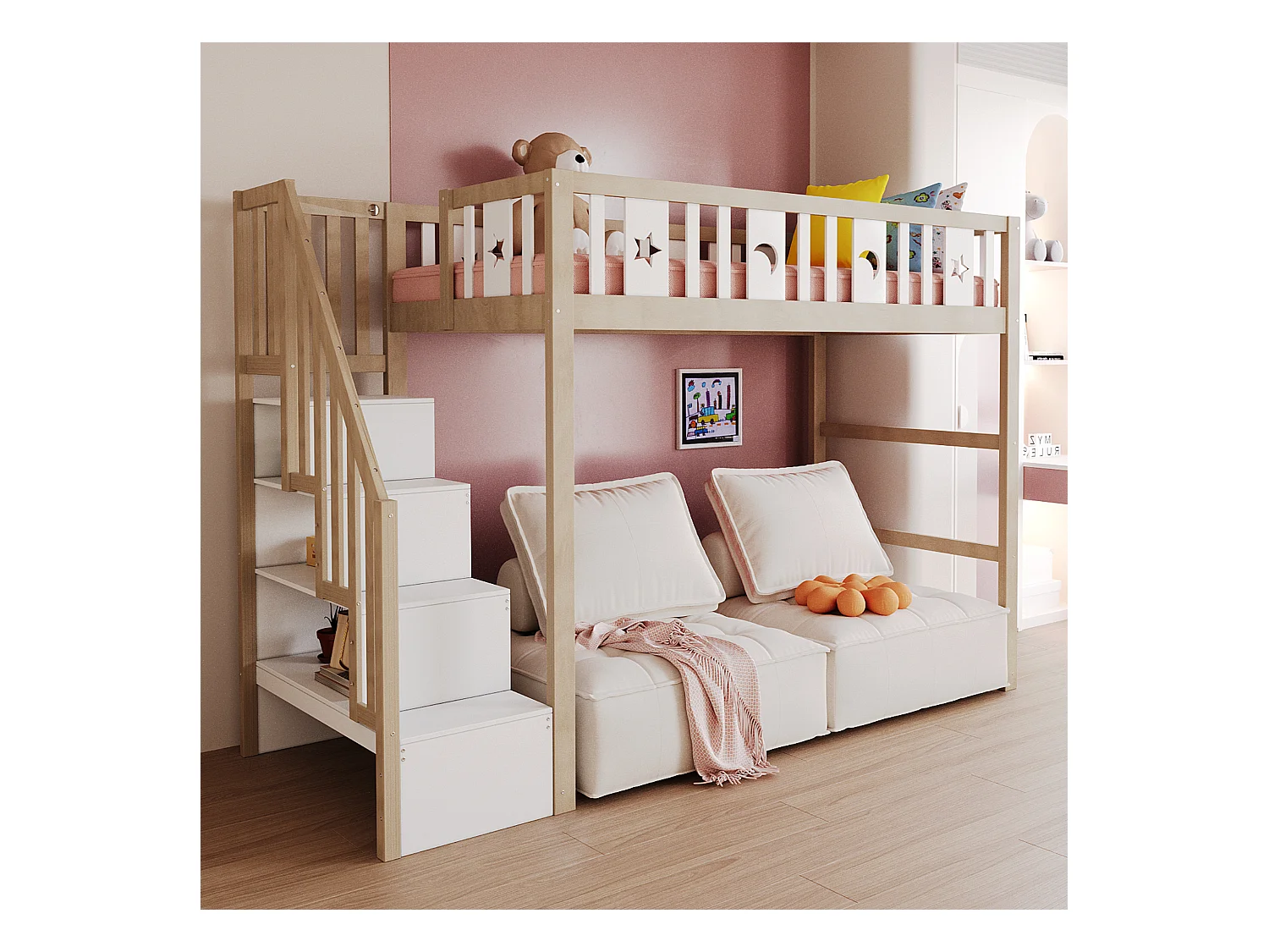 Łóżko piętrowe dla dzieci - 90 x 200 - ze schowkiem w schodach + barierka ochronna - drewno + MDF - naturalne