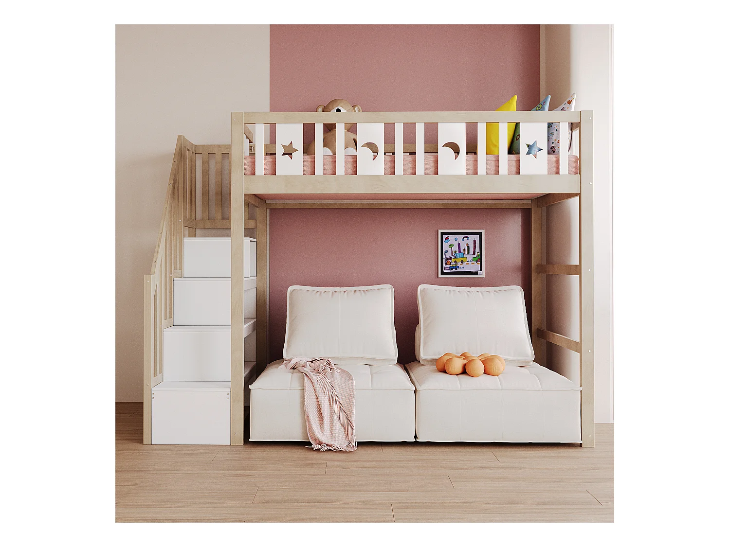 Łóżko piętrowe dla dzieci - 90 x 200 - ze schowkiem w schodach + barierka ochronna - drewno + MDF - naturalne