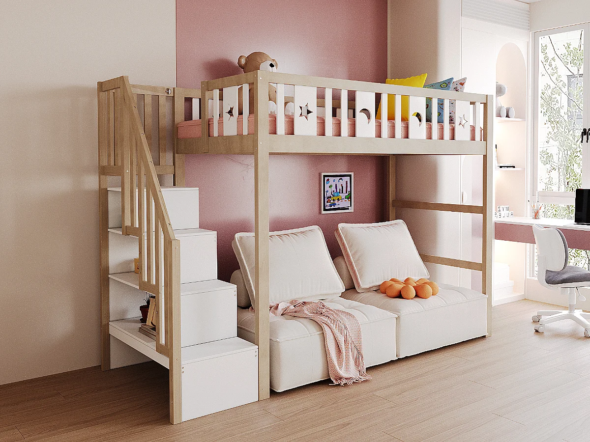 Letto a soppalco per bambini - 90 x 200 - con contenitore nelle scale + barriera di sicurezza - legno + MDF - naturale