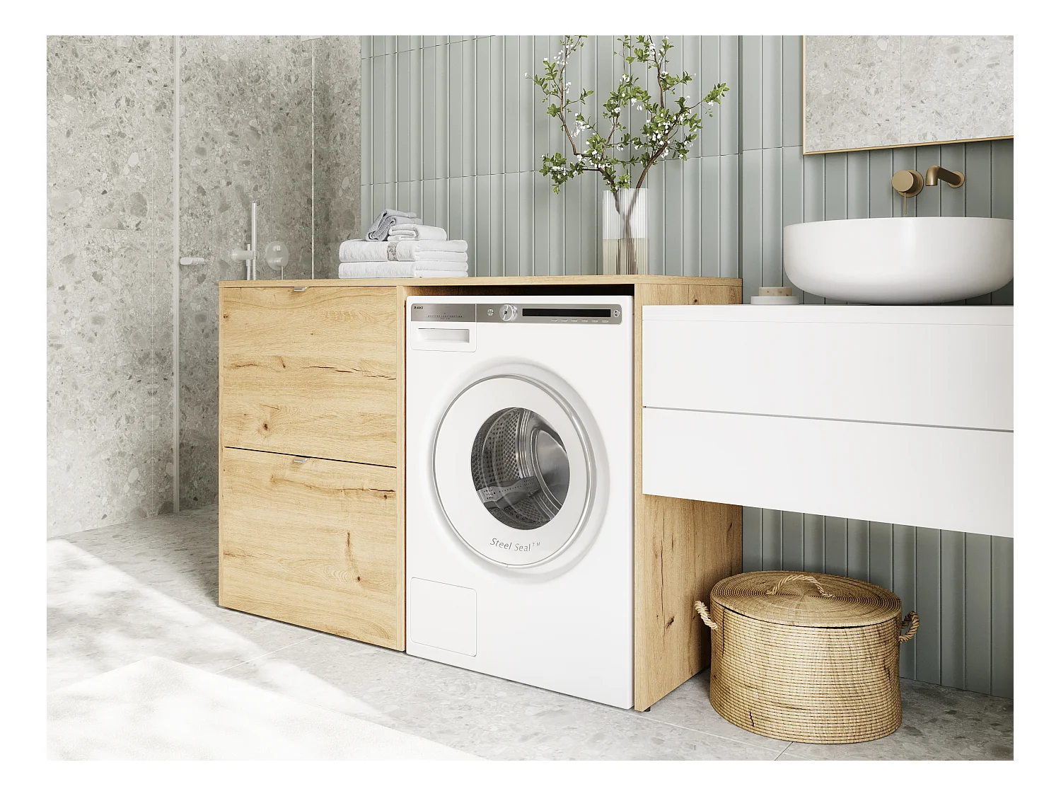 Waschmaschinenschrank 130 cm breit, geeignet für Waschmaschine & Wäschetrockner mit Staufach, Waschmaschinenschrank Überbauschrank