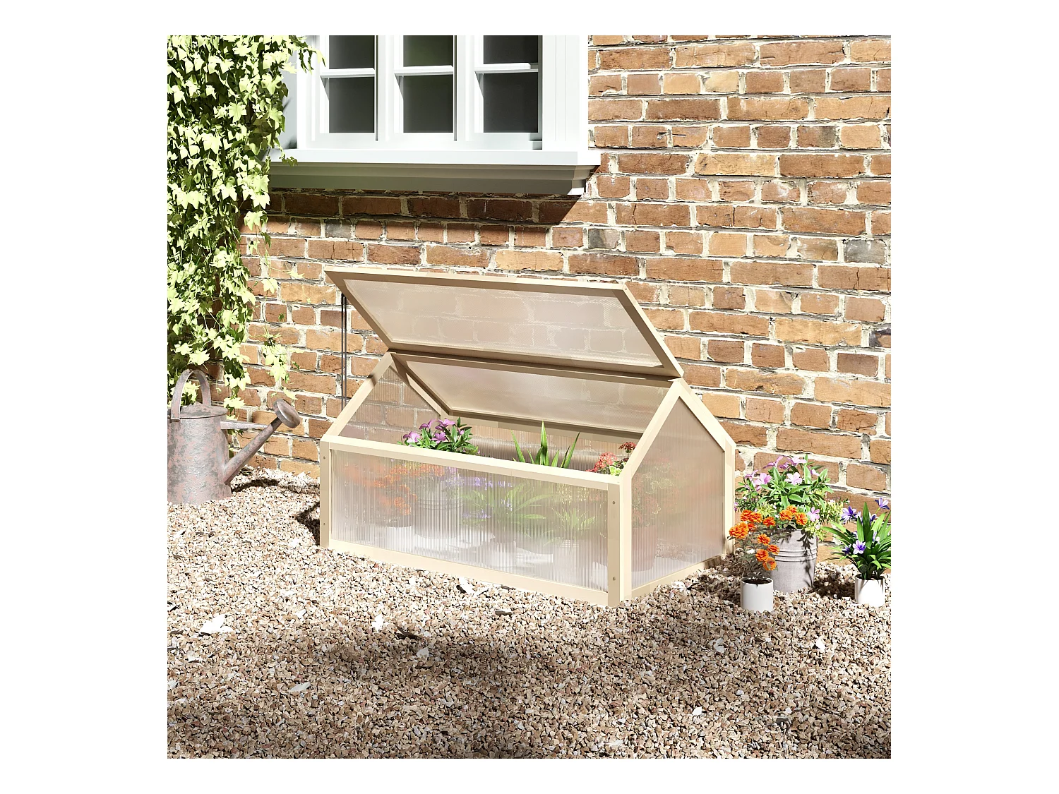 Mini serre en bois naturel avec couverture transparente, protection antigel, balcon et jardin (90x52x49.5cm)