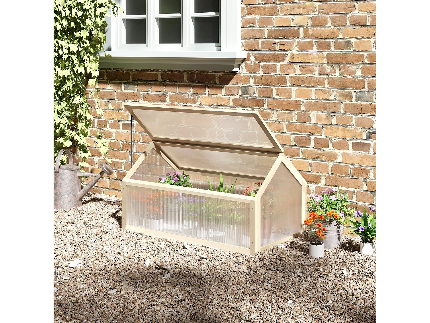 Mini serre en bois naturel avec couverture transparente, protection antigel, balcon et jardin (90x52x49.5cm)