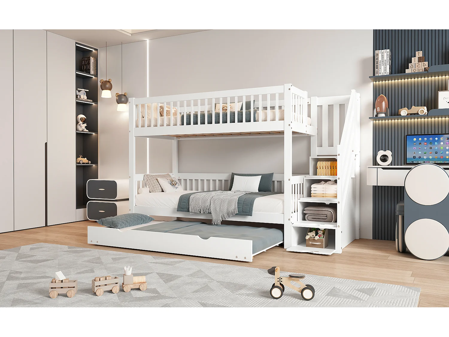 Lit mezzanine 140x200 cm, échelle sécurisée, bordure de sécurité, bois massif, bureau et étagères, naturel (252x147x180.5 cm)