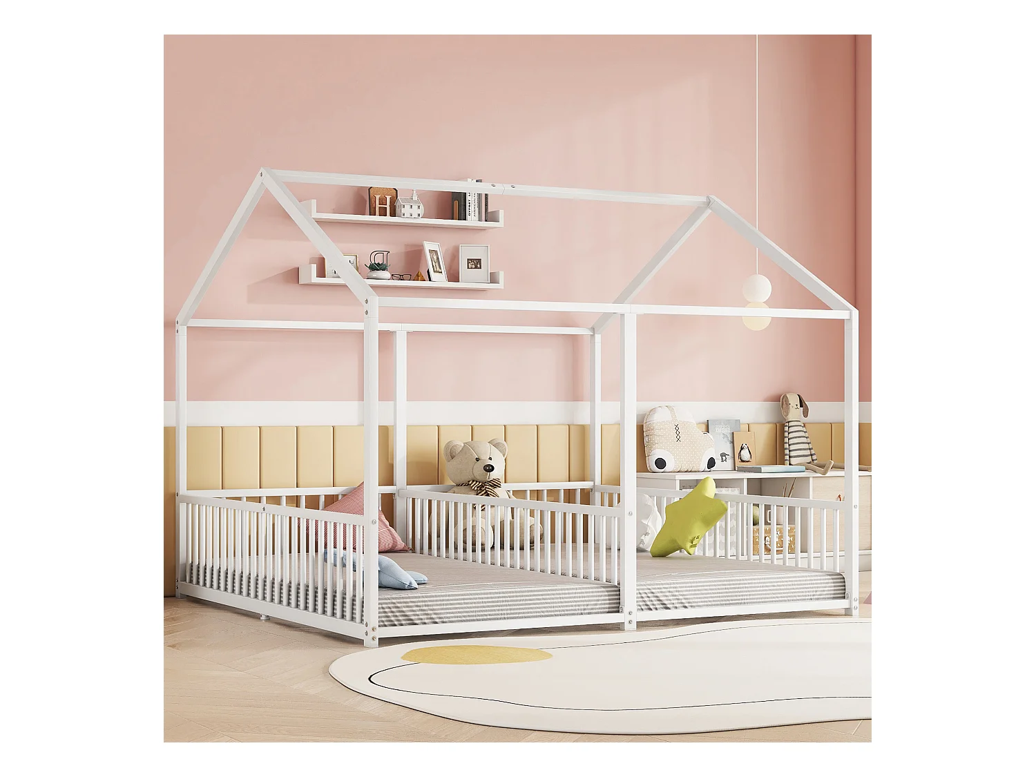 Lit mezzanine 90 x 200 cm avec bureau et échelle, sans matelas, cadre en métal, design maison, blanc (204x134x174 cm)