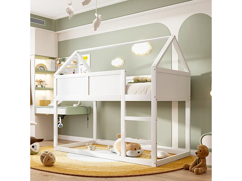 Lit superposé enfant 90x200, lit avec échelle, cadre en bois massif, design loft, blanc (204x95x170 cm)