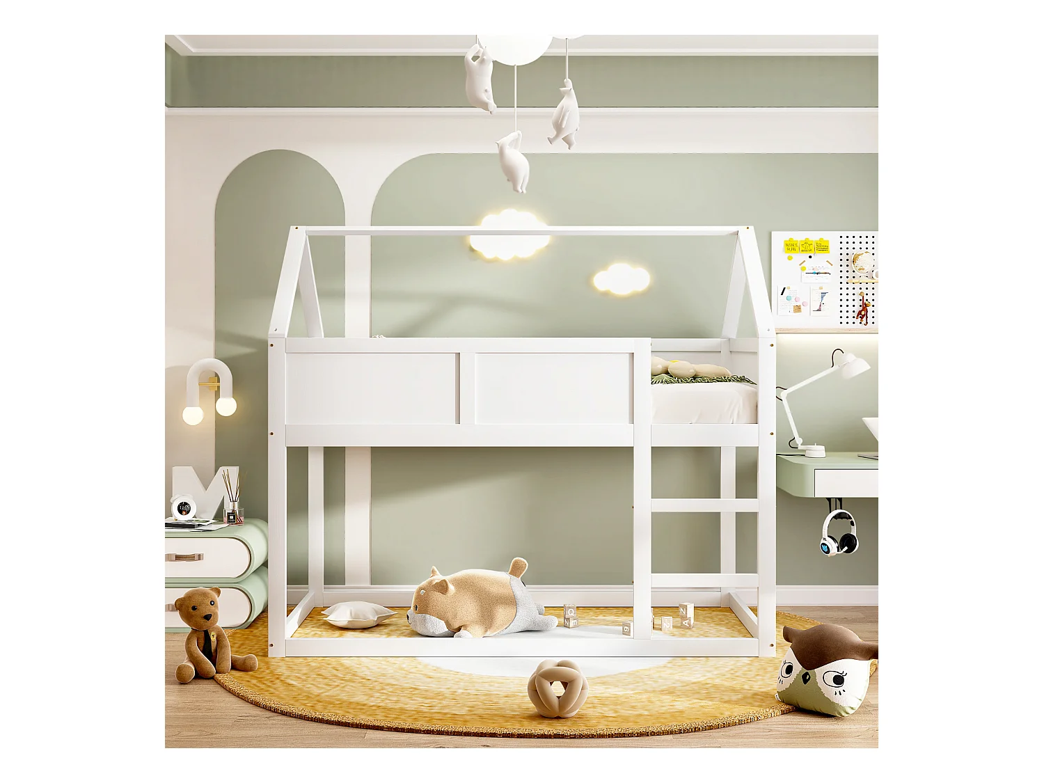 Lit superposé enfant 90x200, lit avec échelle, cadre en bois massif, design loft, blanc (204x95x170 cm)