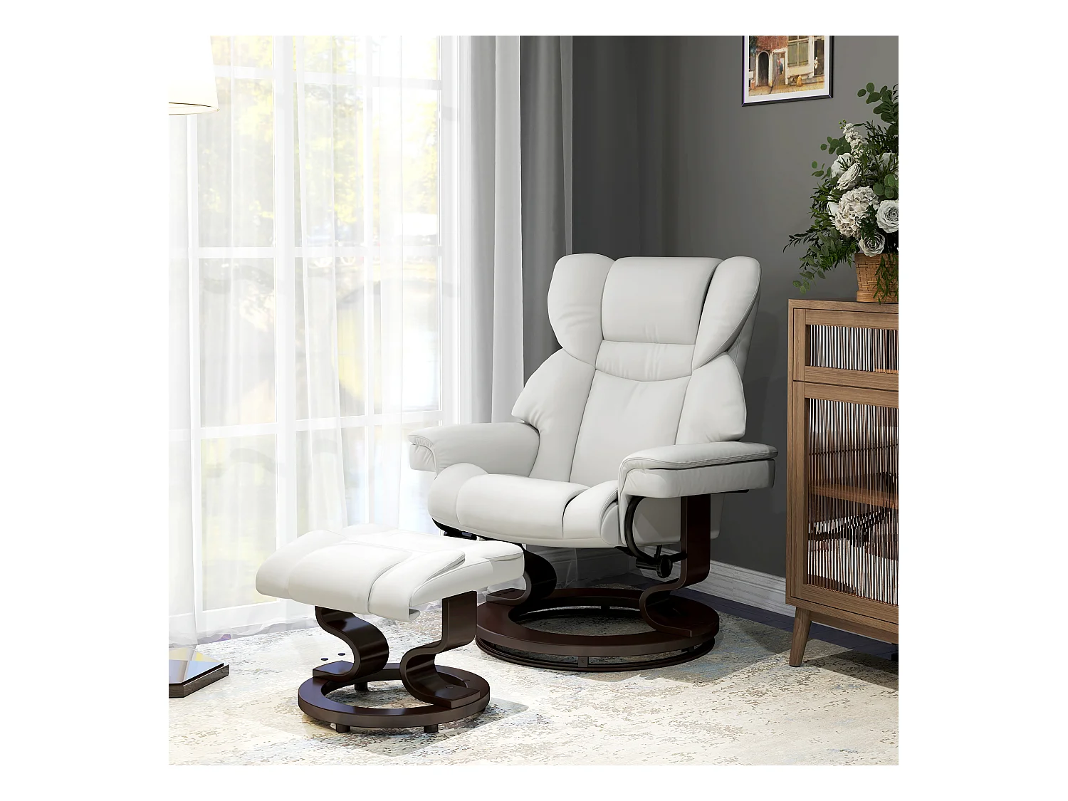 Relaxsessel Drehbar mit Fußhocker und Massage, Elektrischer Fernsehsessel mit Liegefunktion, Kunstleder, Cremeweiß (79x82x101 cm)