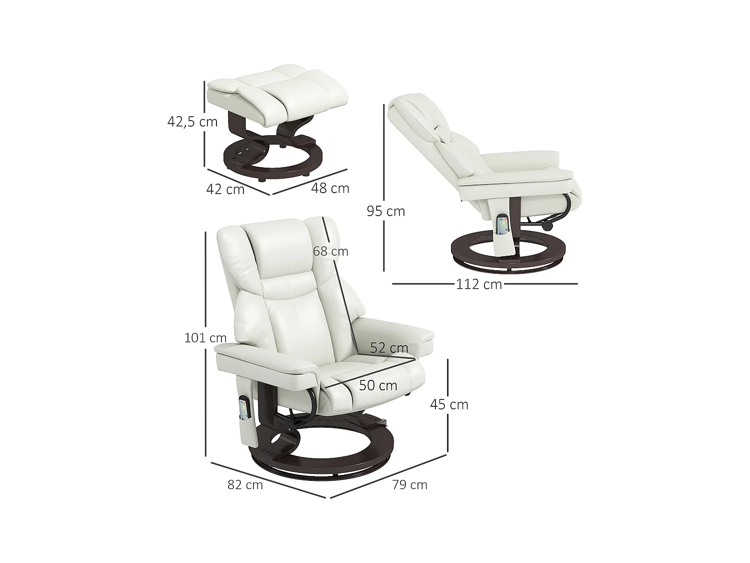 Relaxsessel Drehbar mit Fußhocker und Massage, Elektrischer Fernsehsessel mit Liegefunktion, Kunstleder, Cremeweiß (79x82x101 cm)