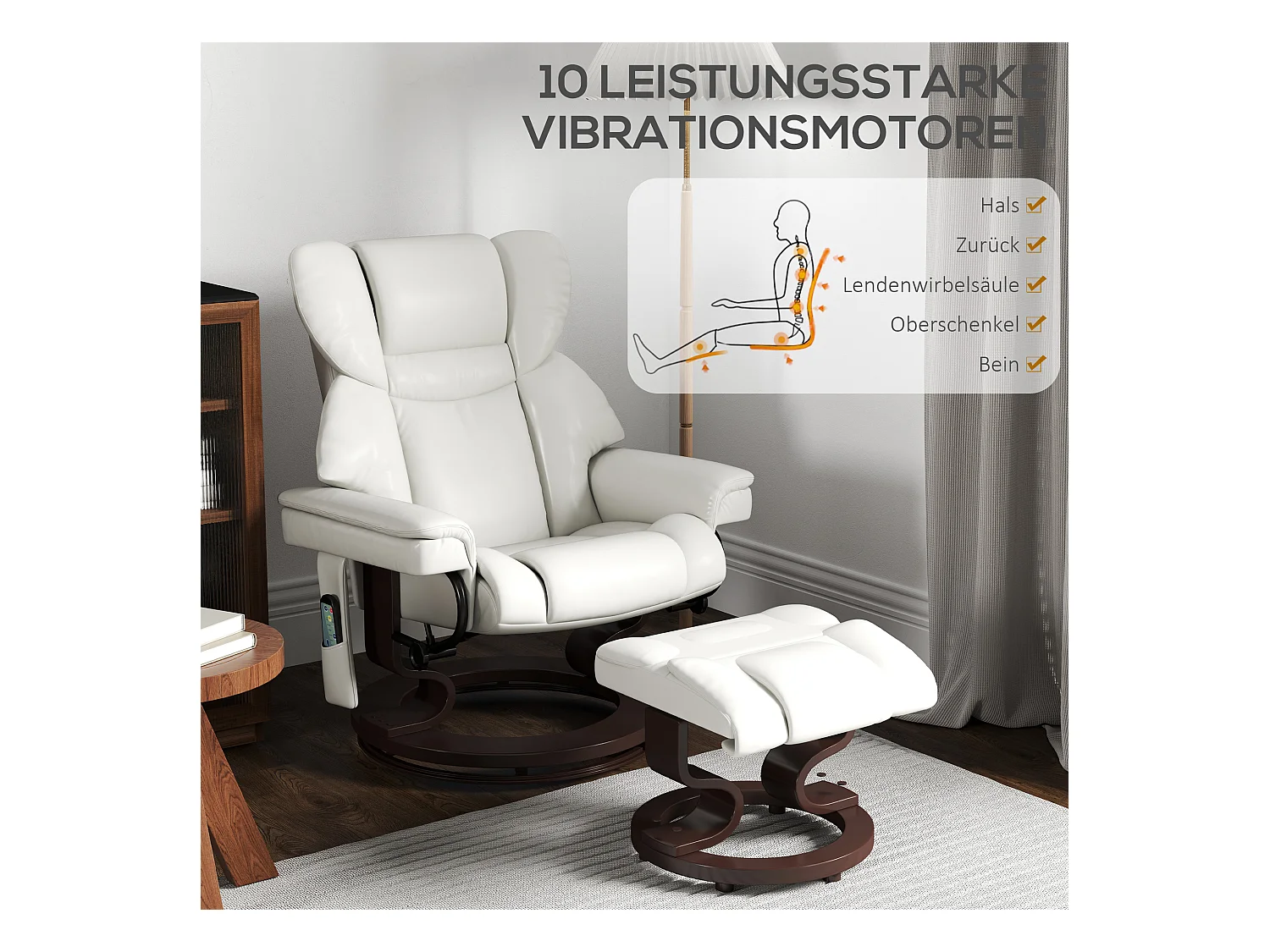 Relaxsessel Drehbar mit Fußhocker und Massage, Elektrischer Fernsehsessel mit Liegefunktion, Kunstleder, Cremeweiß (79x82x101 cm)