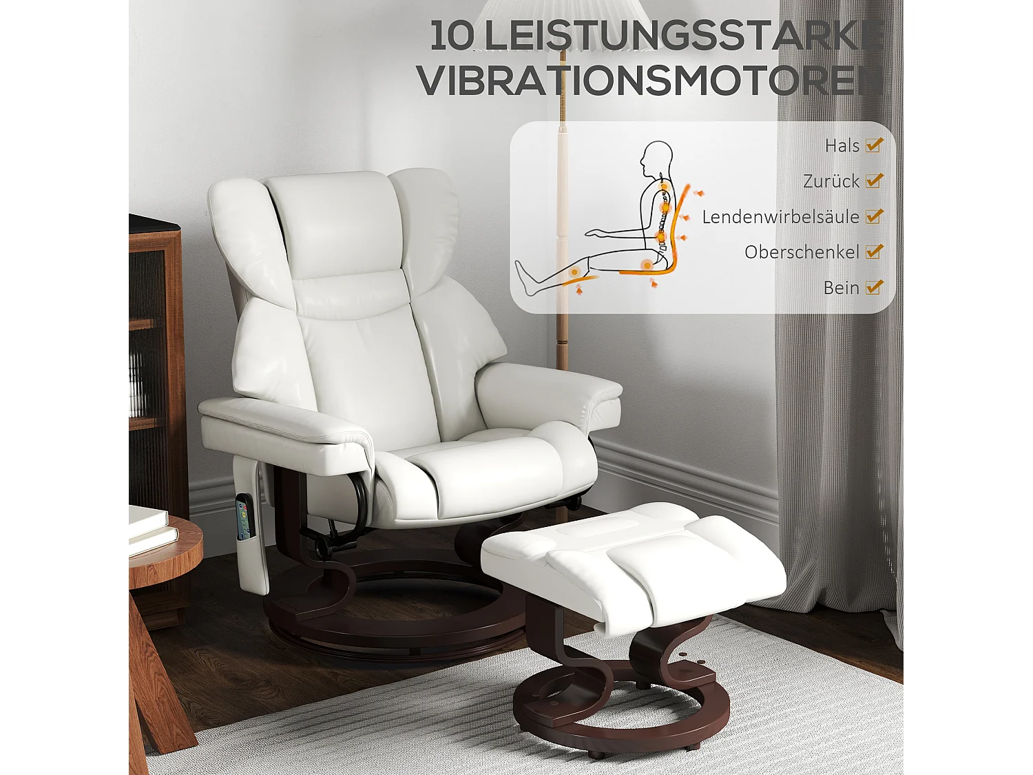 Relaxsessel Drehbar mit Fußhocker und Massage, Elektrischer Fernsehsessel mit Liegefunktion, Kunstleder, Cremeweiß (79x82x101 cm)