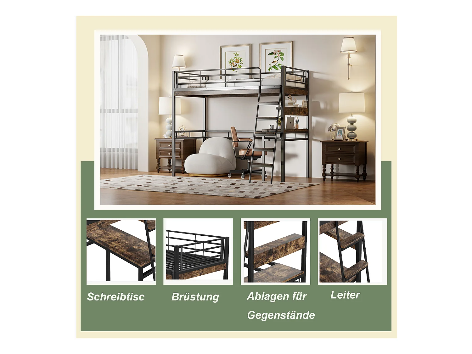 Letto a soppalco, 90x200 cm, con scrivania, ripiani, corrimano, scaletta, struttura in metallo, Nero (204x149,5x180 cm)