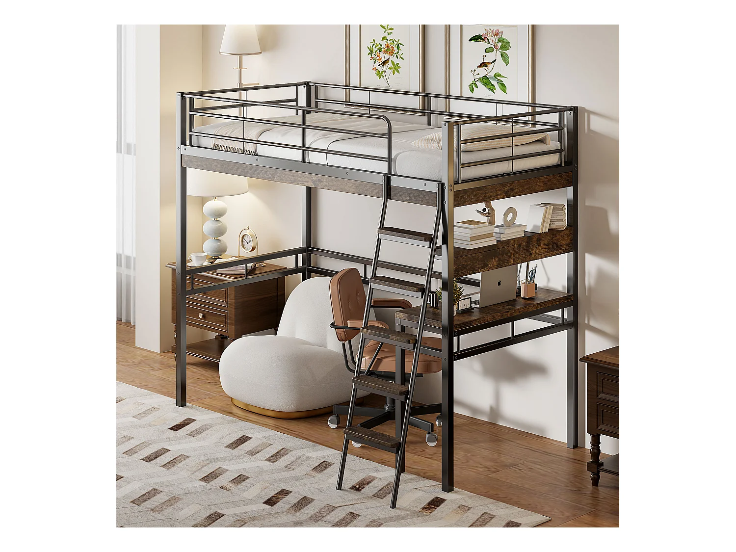 Letto a soppalco, 90x200 cm, con scrivania, ripiani, corrimano, scaletta, struttura in metallo, Nero (204x149,5x180 cm)