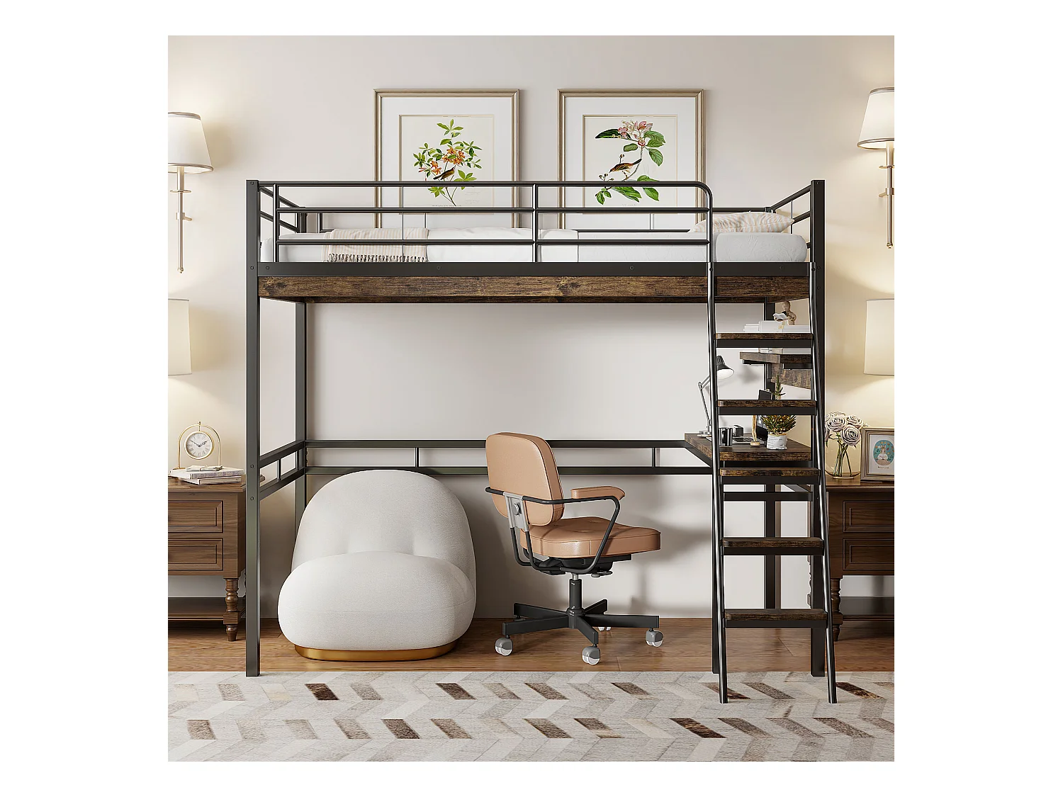 Letto a soppalco, 90x200 cm, con scrivania, ripiani, corrimano, scaletta, struttura in metallo, Nero (204x149,5x180 cm)