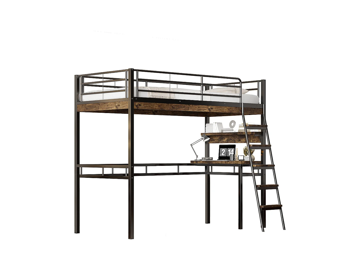 Letto a soppalco, 90x200 cm, con scrivania, ripiani, corrimano, scaletta, struttura in metallo, Nero (204x149,5x180 cm)
