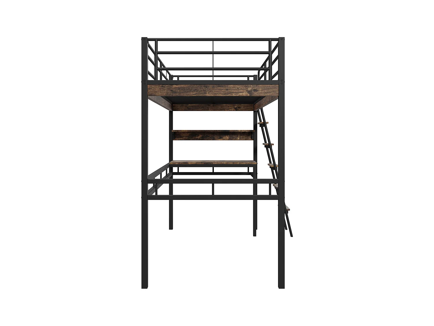 Letto a soppalco, 90x200 cm, con scrivania, ripiani, corrimano, scaletta, struttura in metallo, Nero (204x149,5x180 cm)