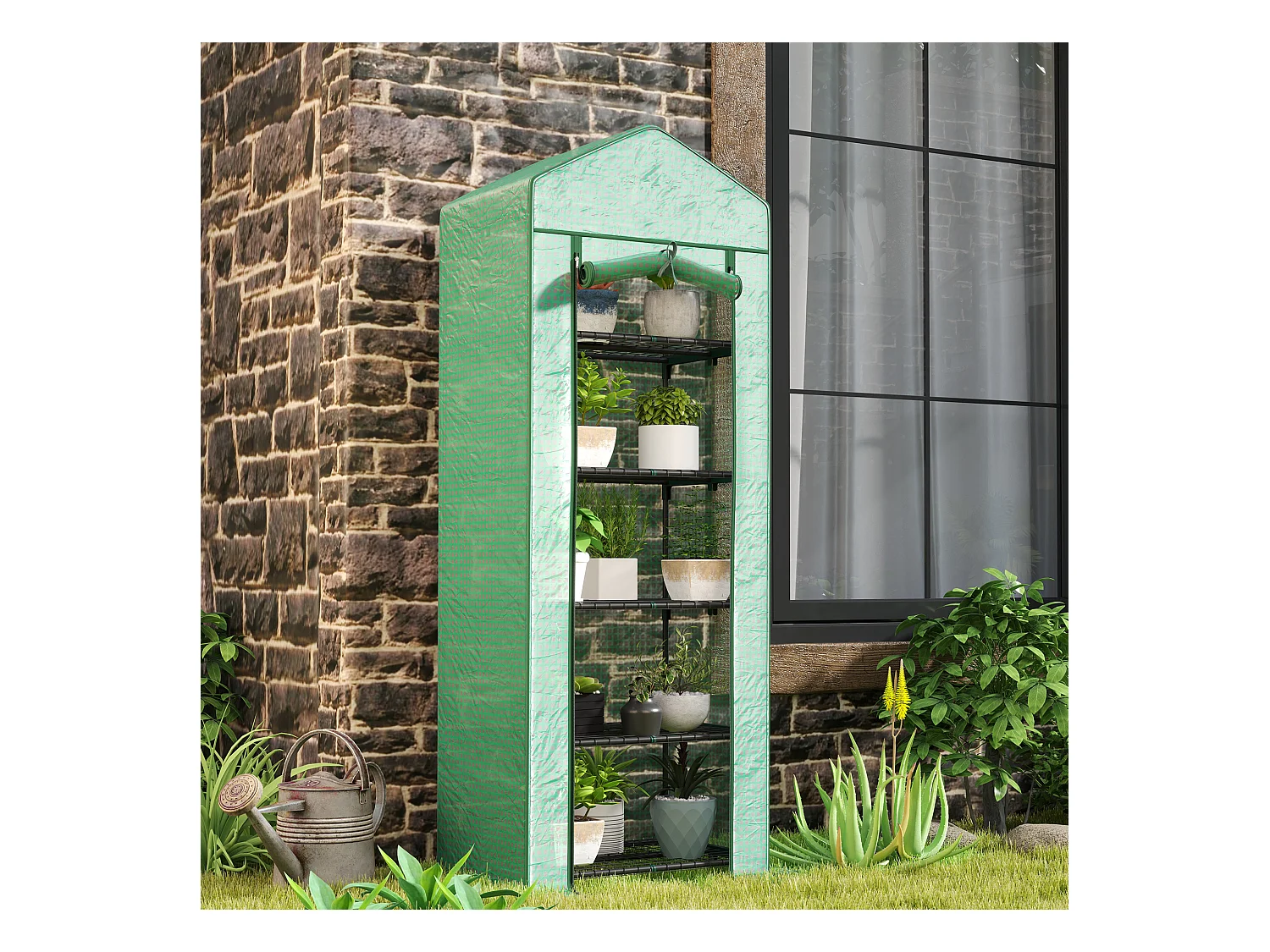 Invernadero con puerta enrollable y estantes, de plástico, verde, para jardín y balcón (69x49x193 cm)