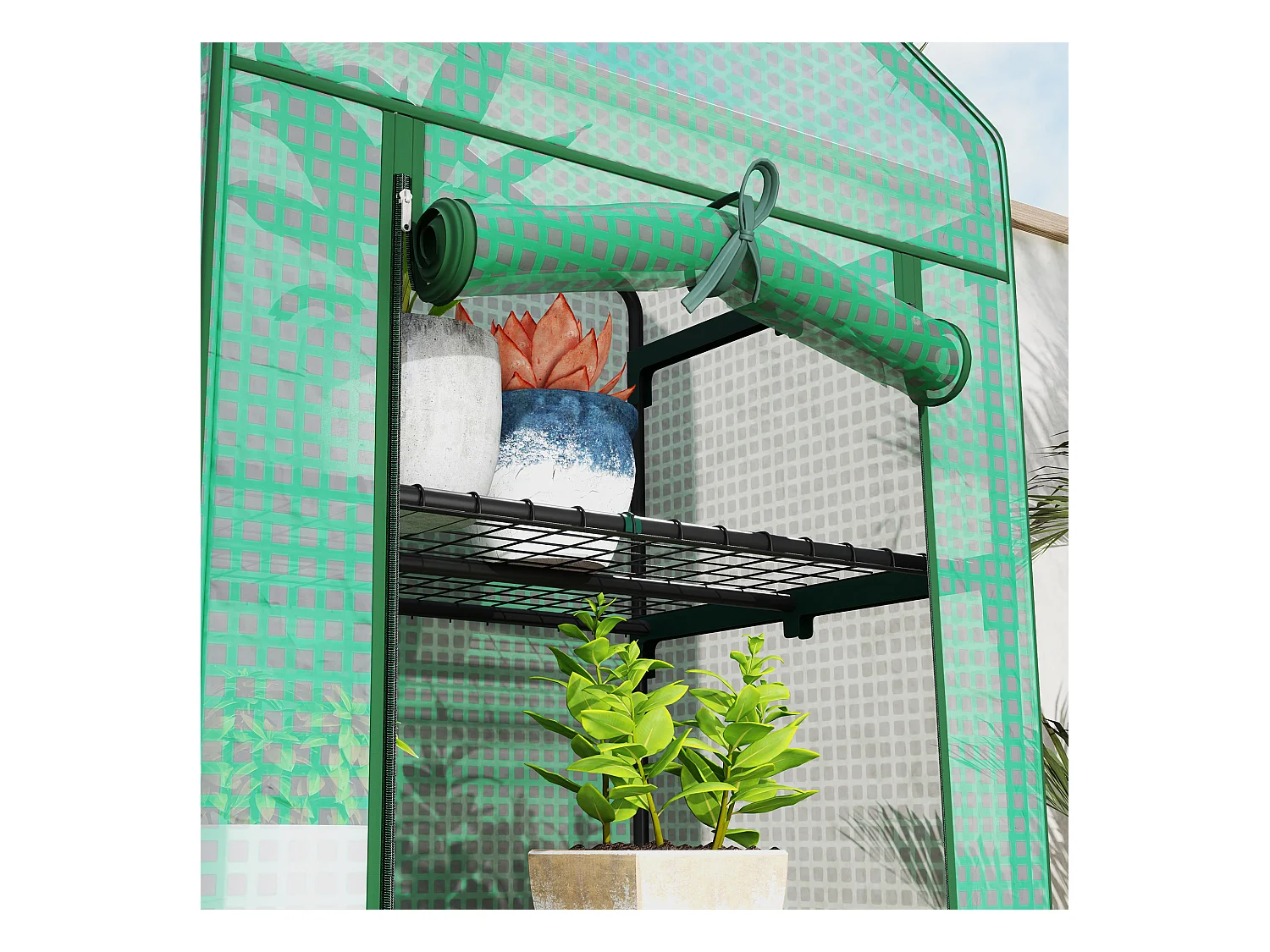Invernadero con puerta enrollable y estantes, de plástico, verde, para jardín y balcón (69x49x193 cm)