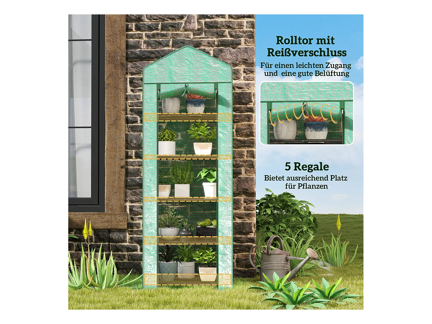 Serre avec porte roulante, étagères, plastique, vert, pour jardin et balcon (69x49x193 cm)