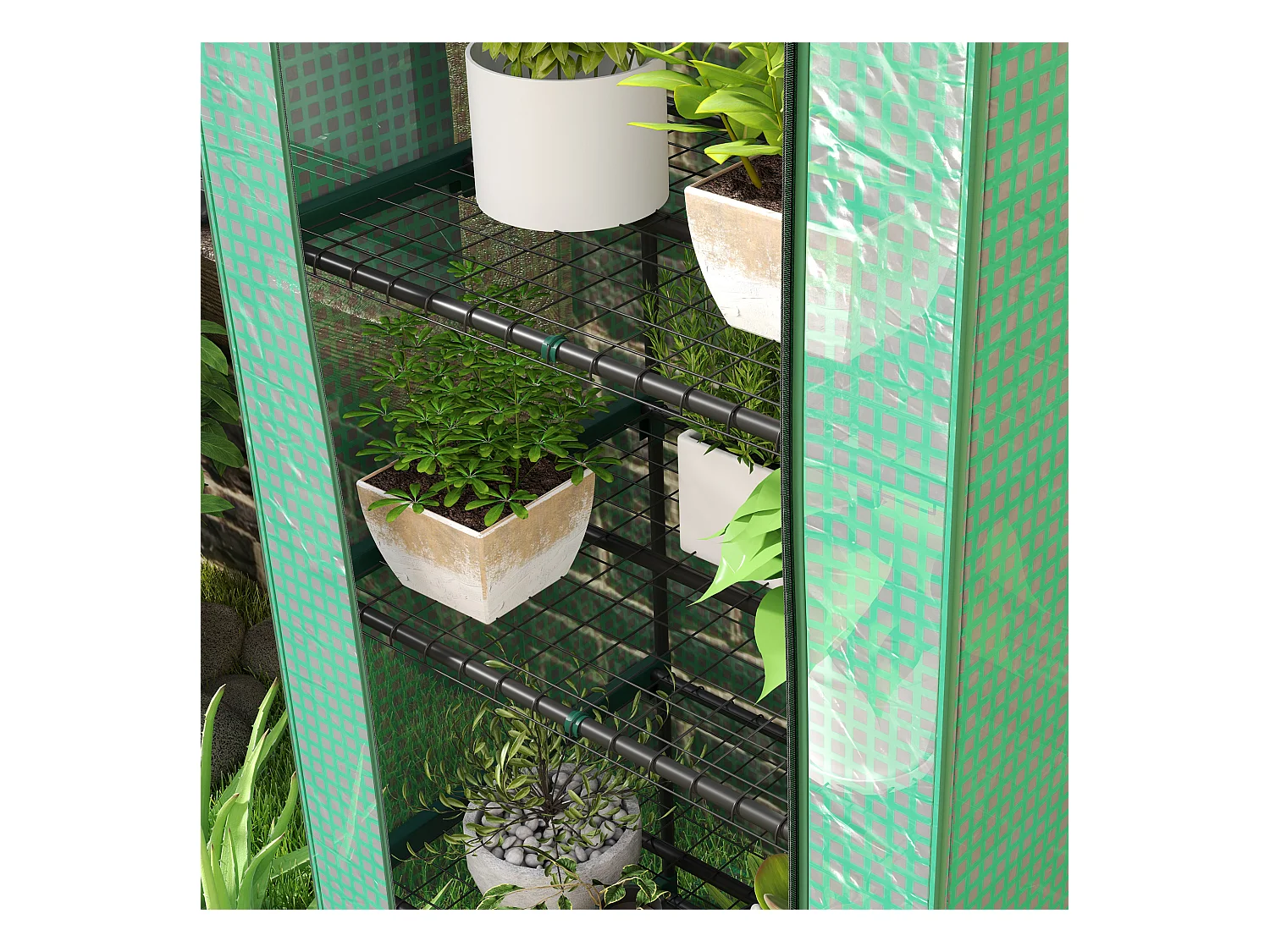 Serre avec porte roulante, étagères, plastique, vert, pour jardin et balcon (69x49x193 cm)