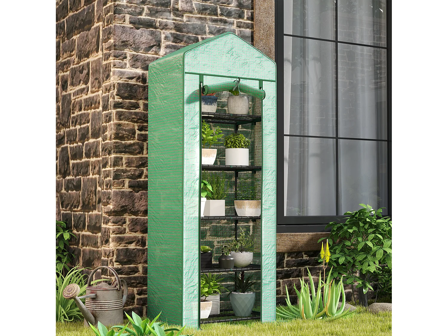 Serre avec porte roulante, étagères, plastique, vert, pour jardin et balcon (69x49x193 cm)