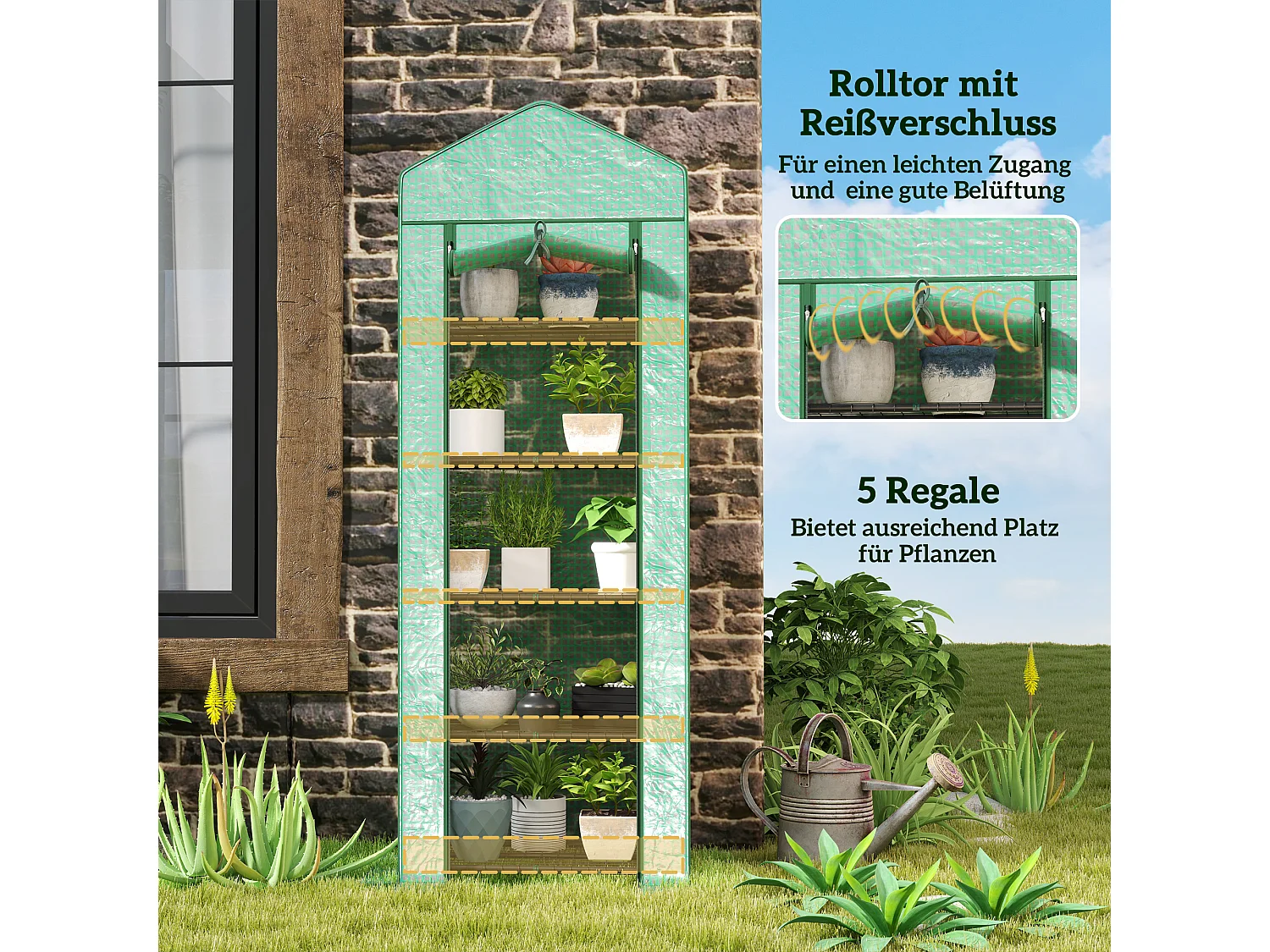 Serre avec porte roulante, étagères, plastique, vert, pour jardin et balcon (69x49x193 cm)